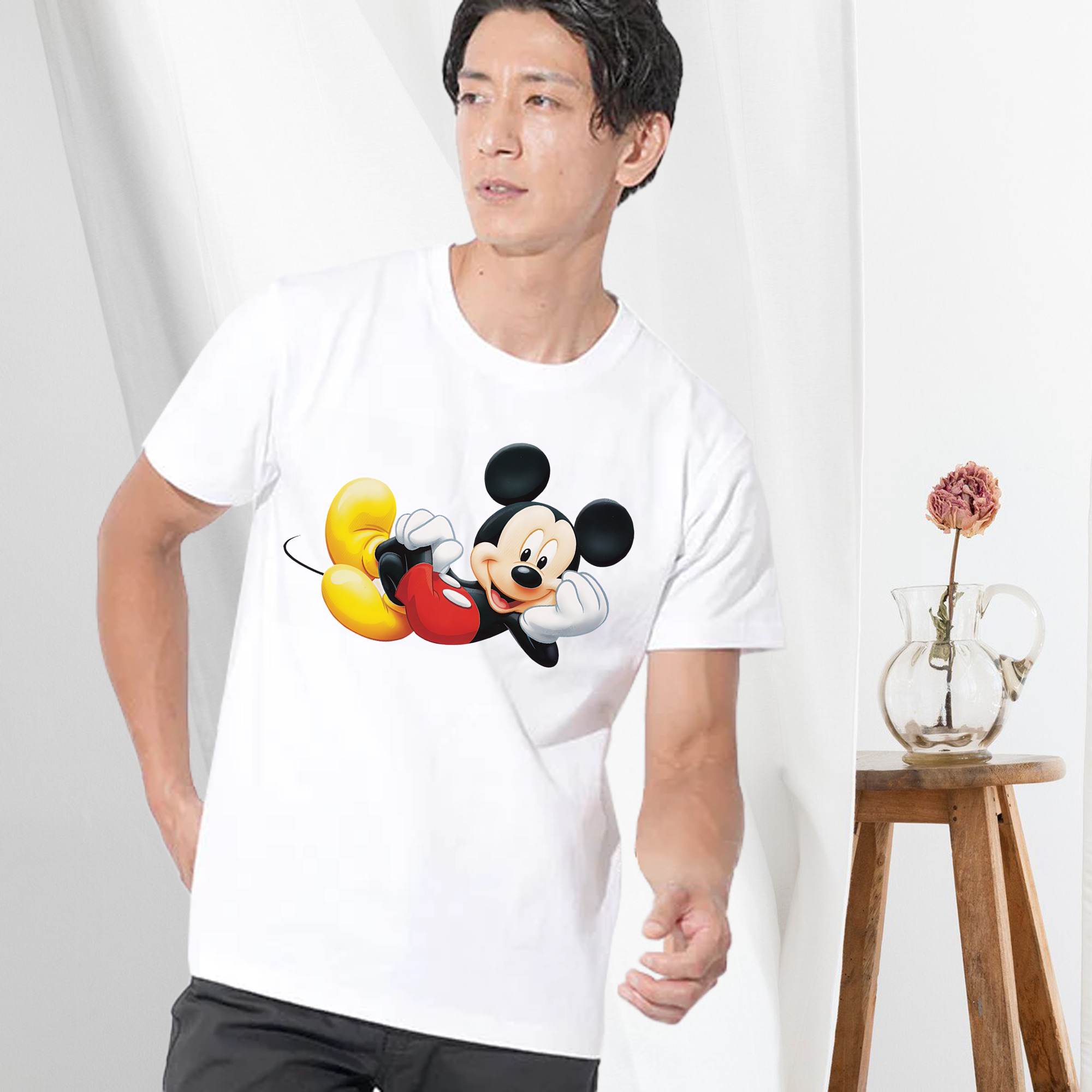 ミッキーマウス Mickey Mouse 綿100％ メンズ半袖Tシャツ｜肌触りやわらか＆通気性