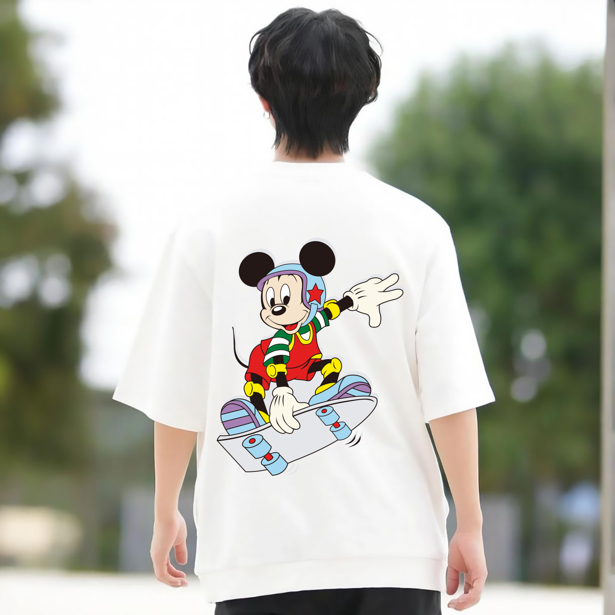 ミッキーマウス Mickey Mouse 綿100％ メンズ半袖Tシャツ（バックプリント） 通気性