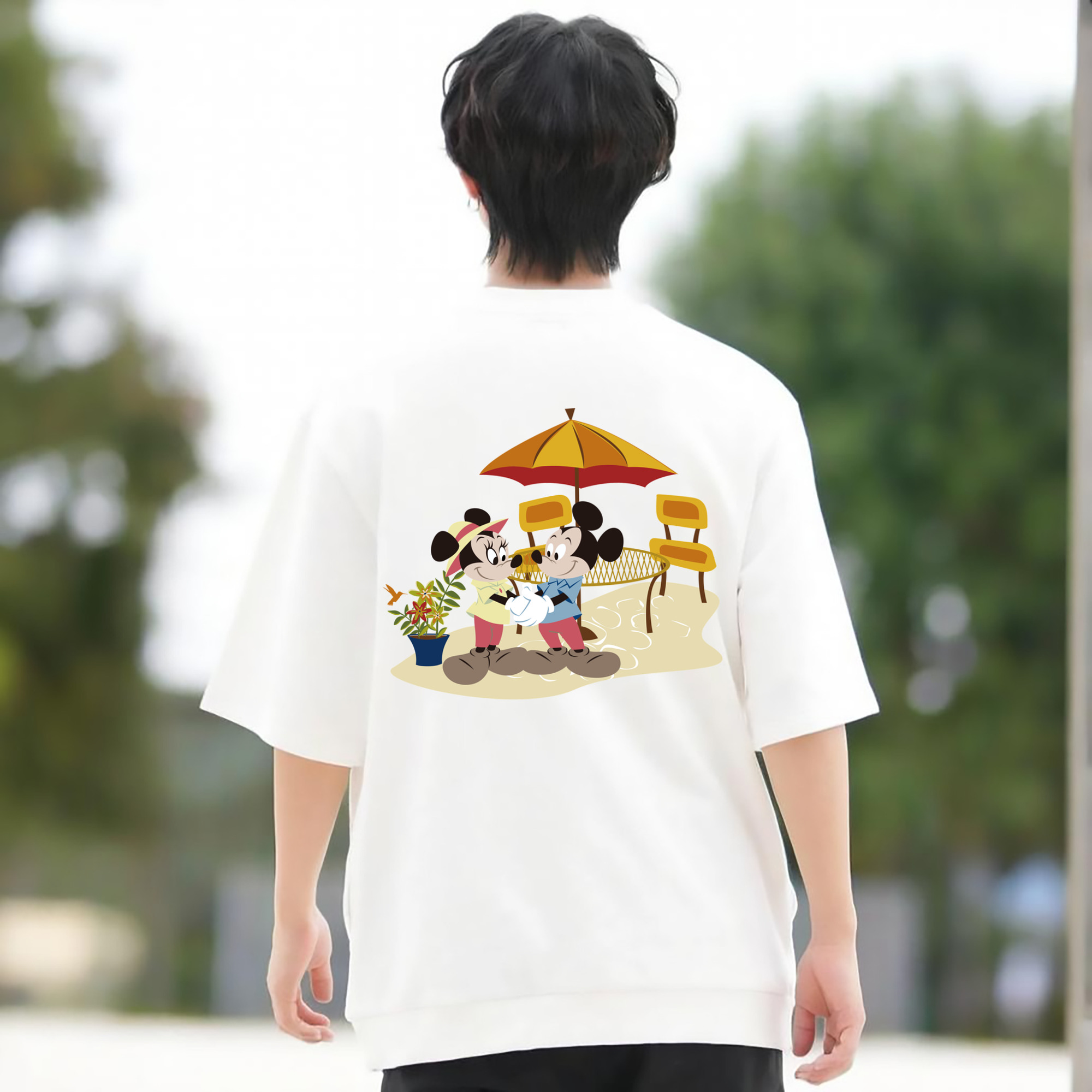 ミッキーマウス Mickey Mouse 綿100％ メンズ半袖Tシャツ（バックプリント） 通気性