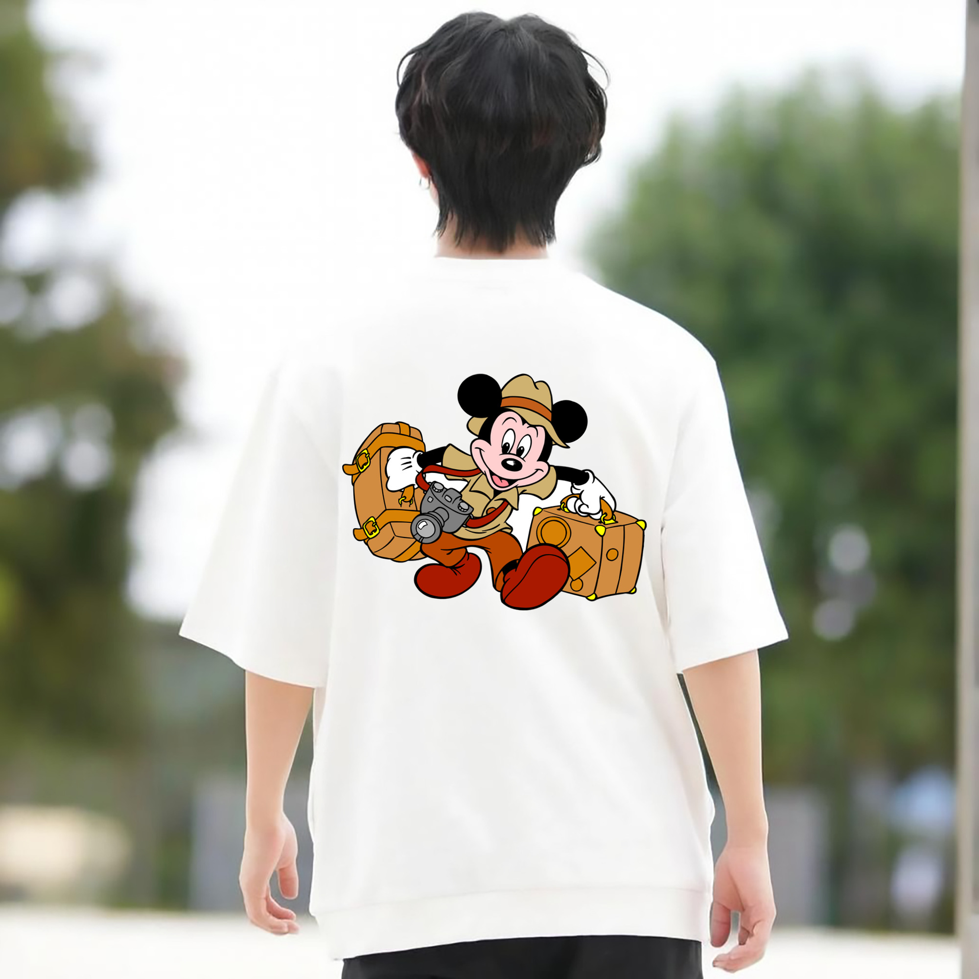 ミッキーマウス Mickey Mouse 綿100％ メンズ半袖Tシャツ（バックプリント） 通気性