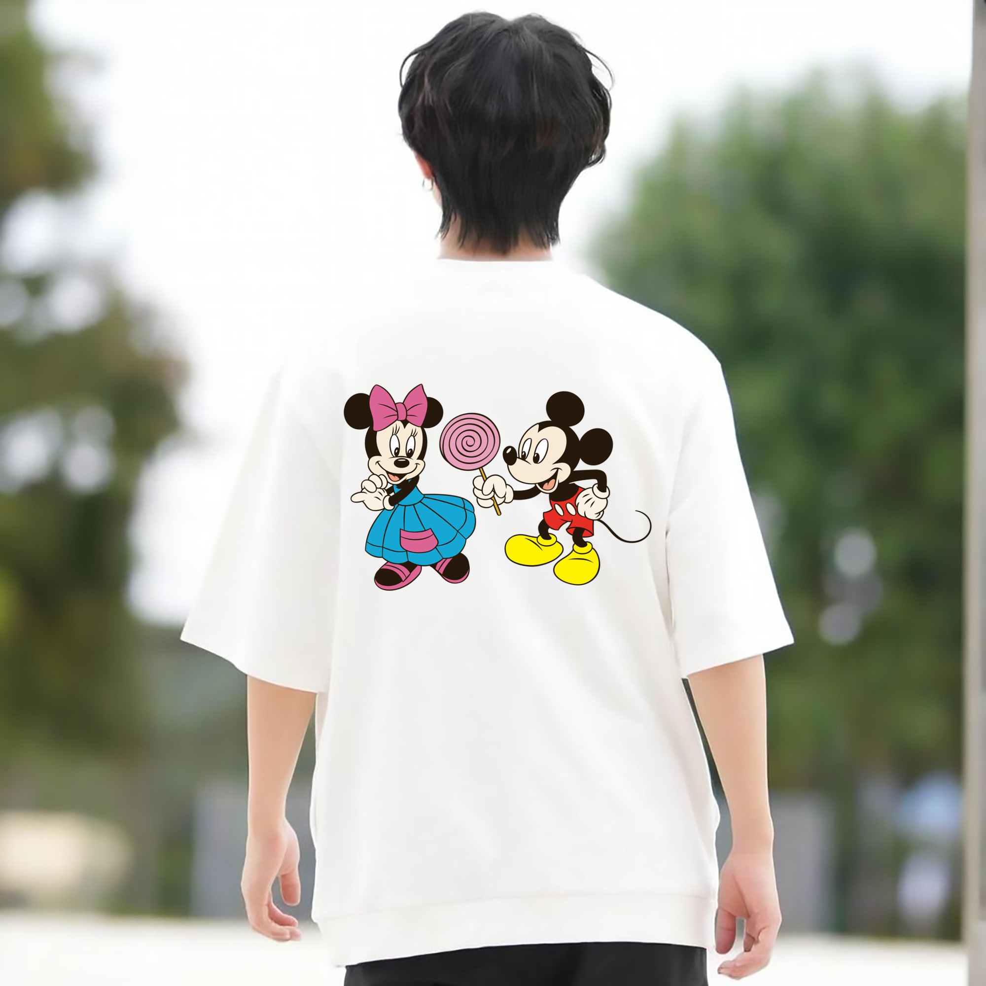 ミッキーマウス Mickey Mouse 綿100％ メンズ半袖Tシャツ（バックプリント） 通気性