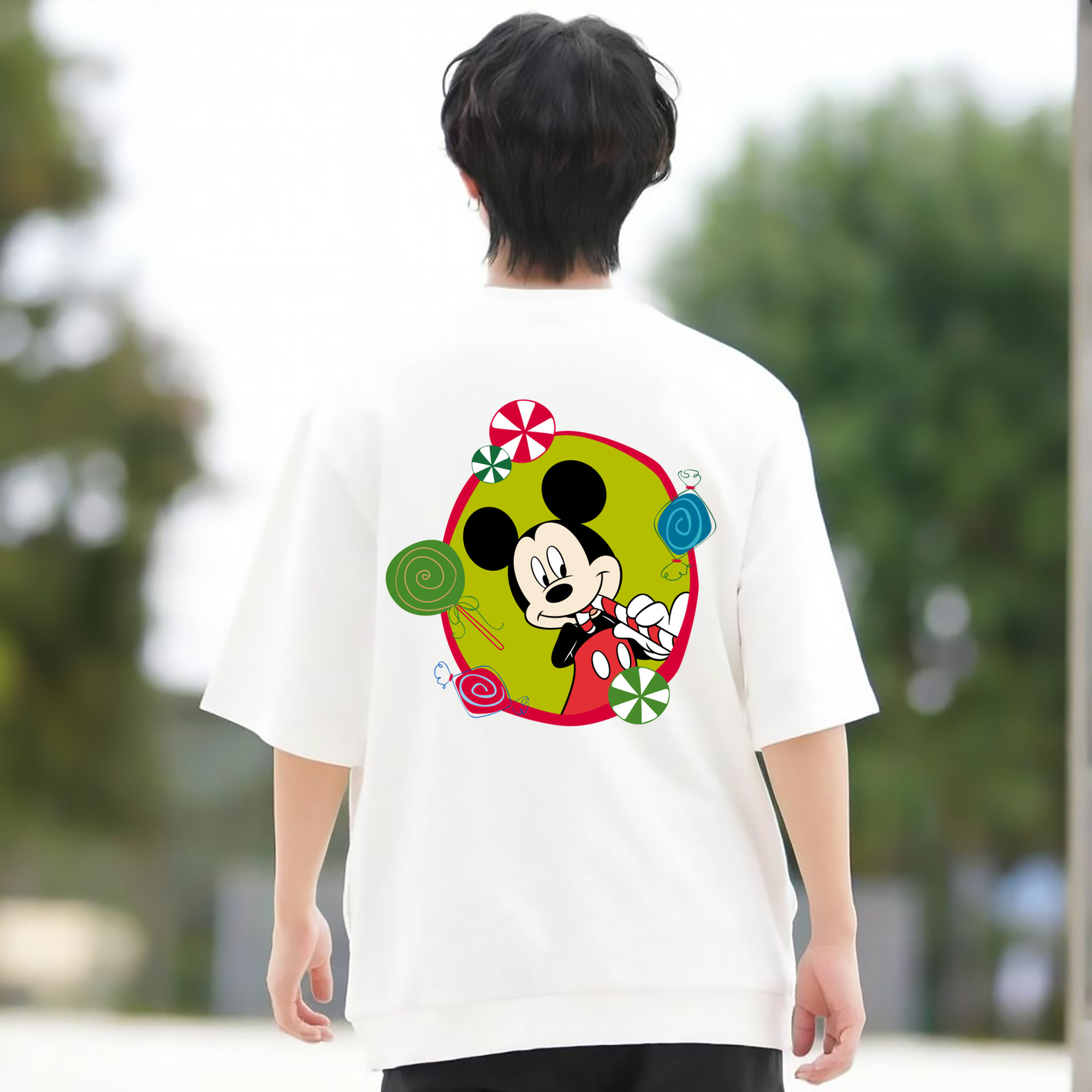 ミッキーマウス Mickey Mouse 綿100％ メンズ半袖Tシャツ（バックプリント） 通気性