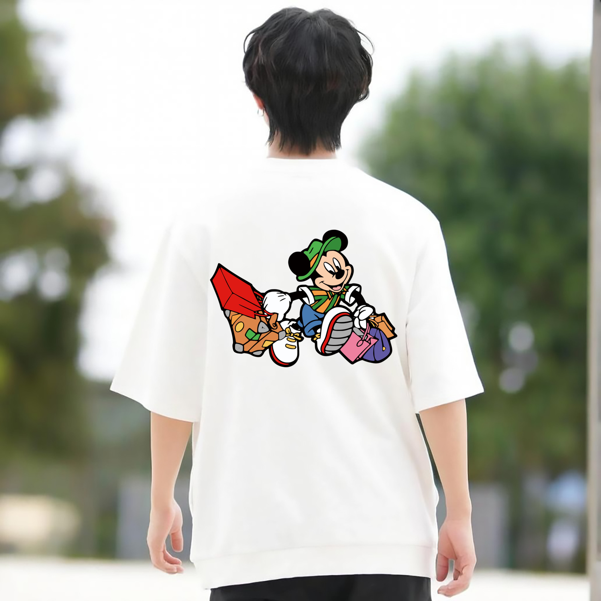 ミッキーマウス Mickey Mouse 綿100％ メンズ半袖Tシャツ（バックプリント） 通気性