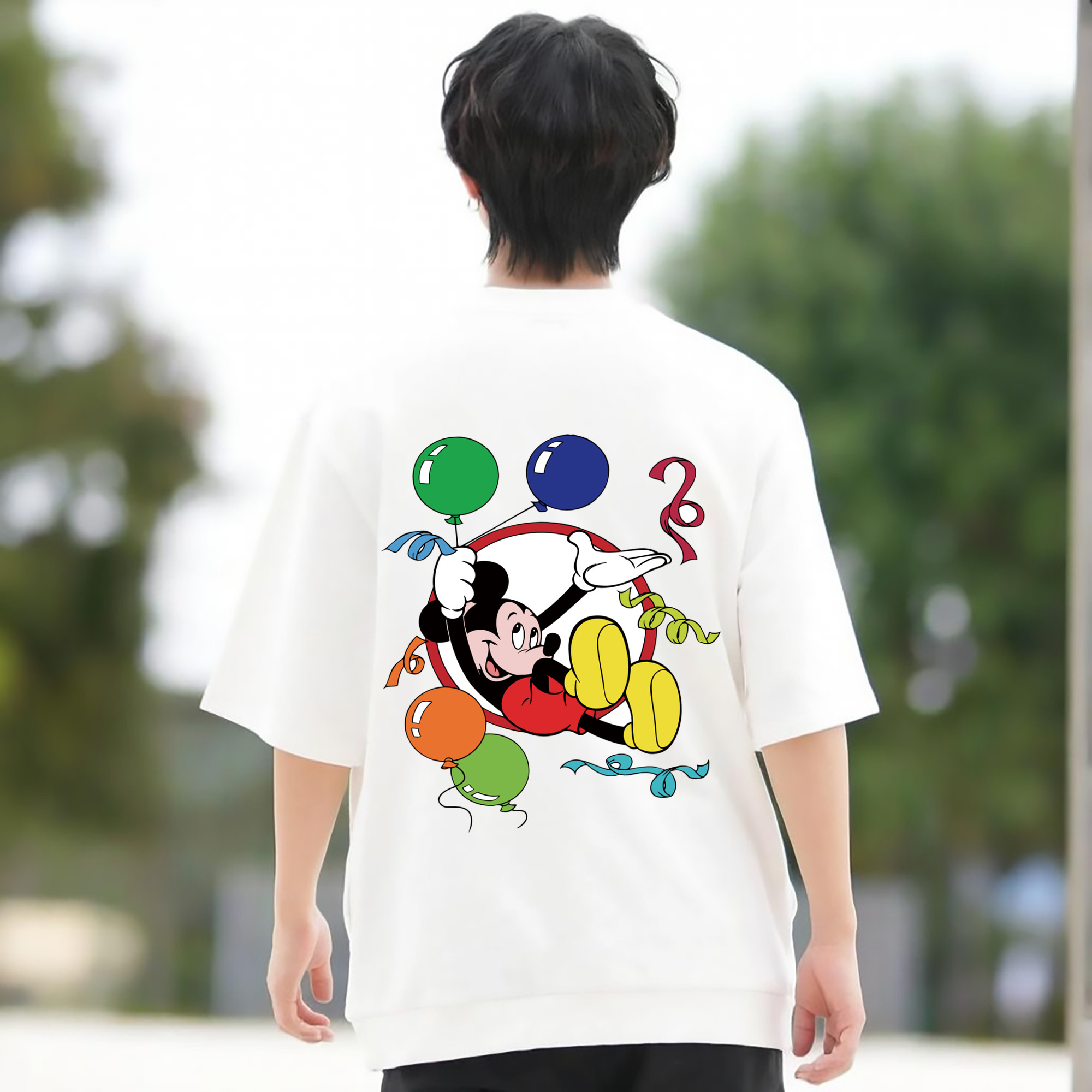 ミッキーマウス Mickey Mouse 綿100％ メンズ半袖Tシャツ（バックプリント） 通気性