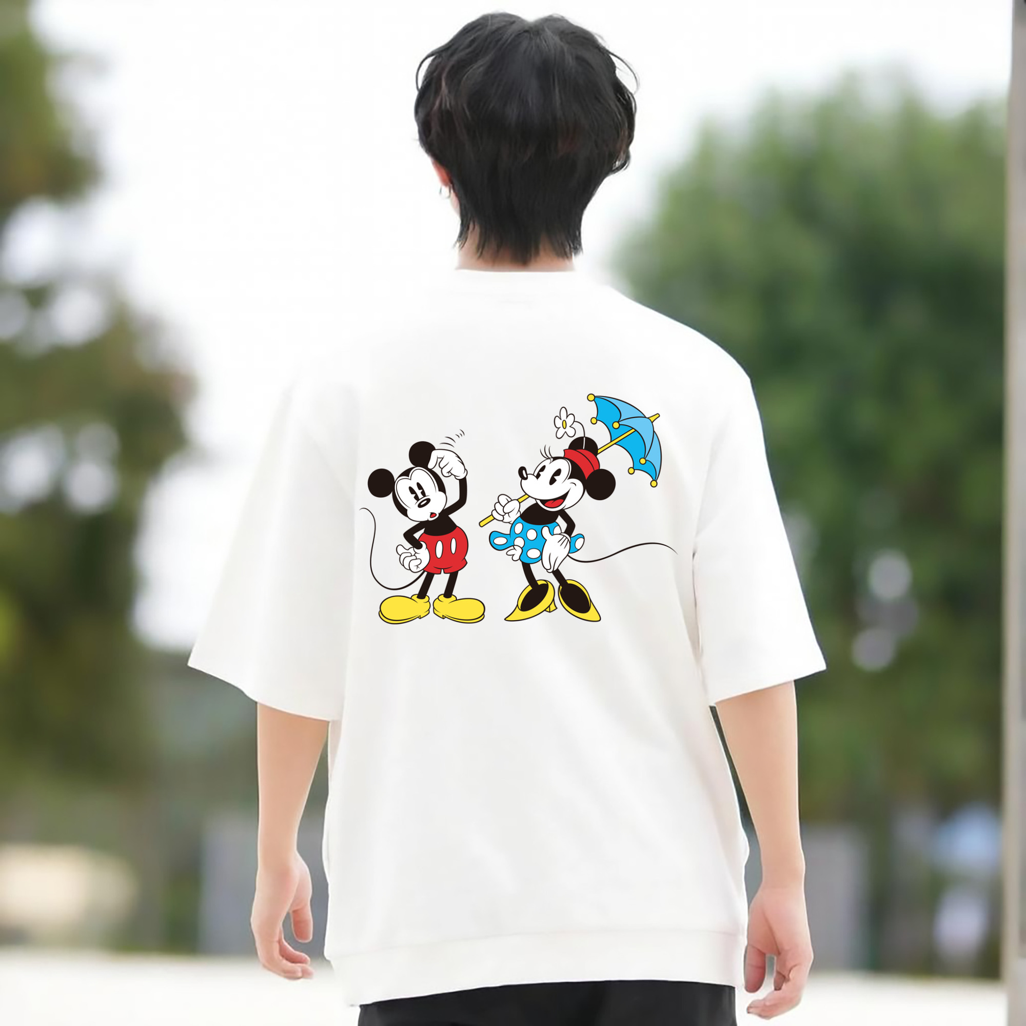 ミッキーマウス Mickey Mouse 綿100％ メンズ半袖Tシャツ（バックプリント） 通気性