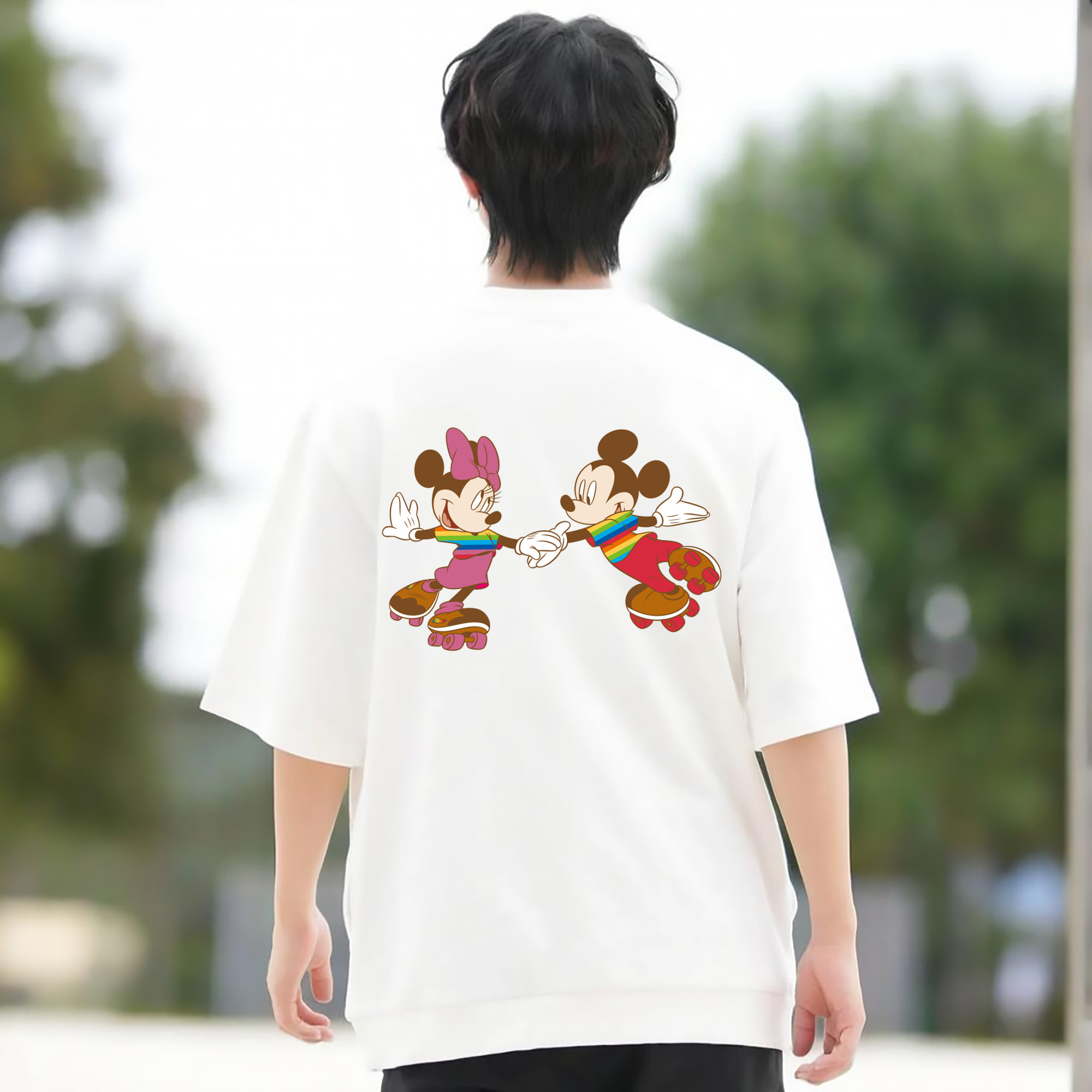 ミッキーマウス Mickey Mouse 綿100％ メンズ半袖Tシャツ（バックプリント） 通気性