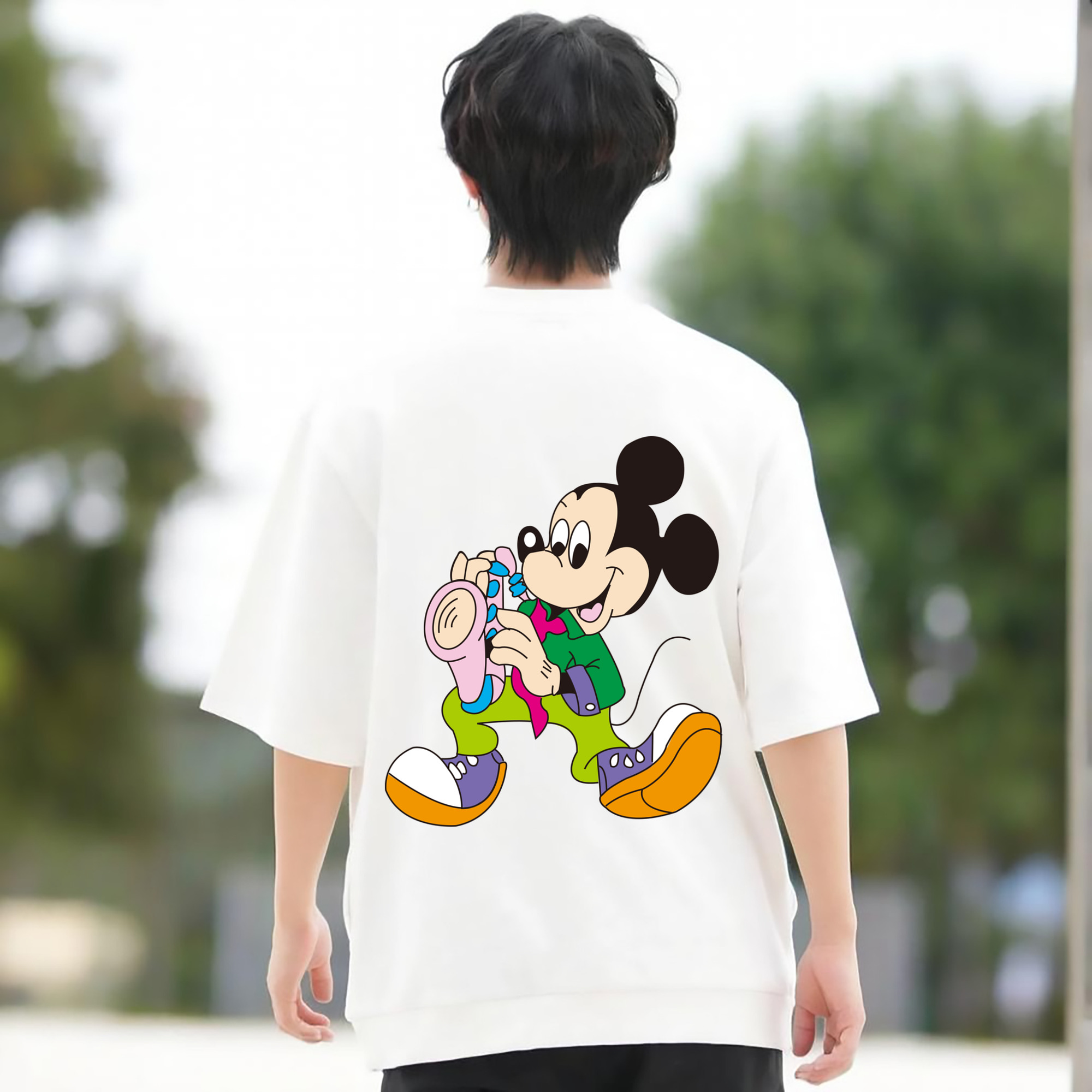 ミッキーマウス Mickey Mouse 綿100％ メンズ半袖Tシャツ（バックプリント） 通気性