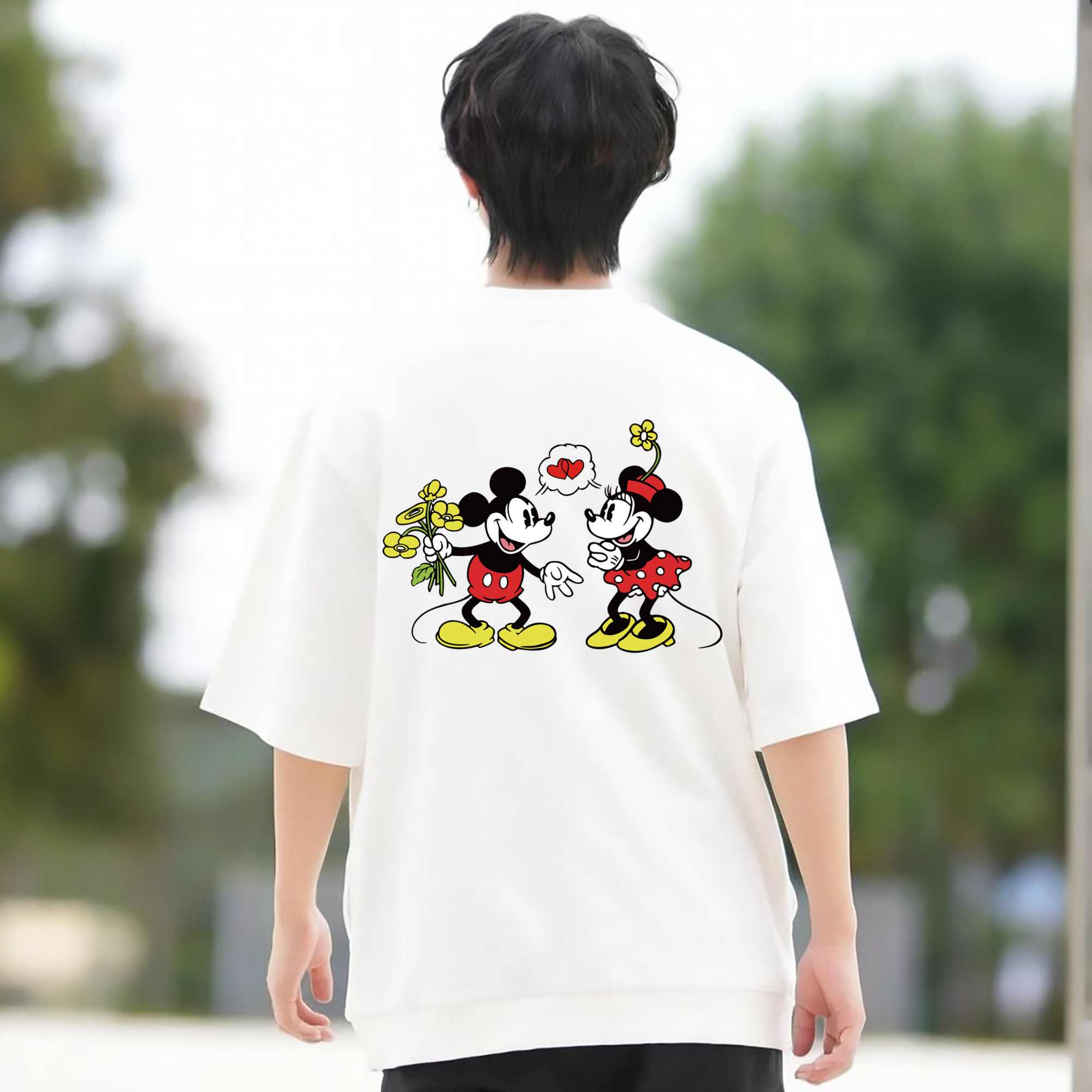 ミッキーマウス Mickey Mouse 綿100％ メンズ半袖Tシャツ（バックプリント） 通気性