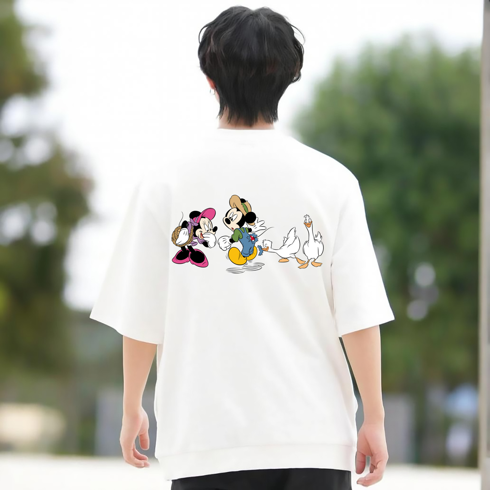 ミッキーマウス Mickey Mouse 綿100％ メンズ半袖Tシャツ（バックプリント） 通気性