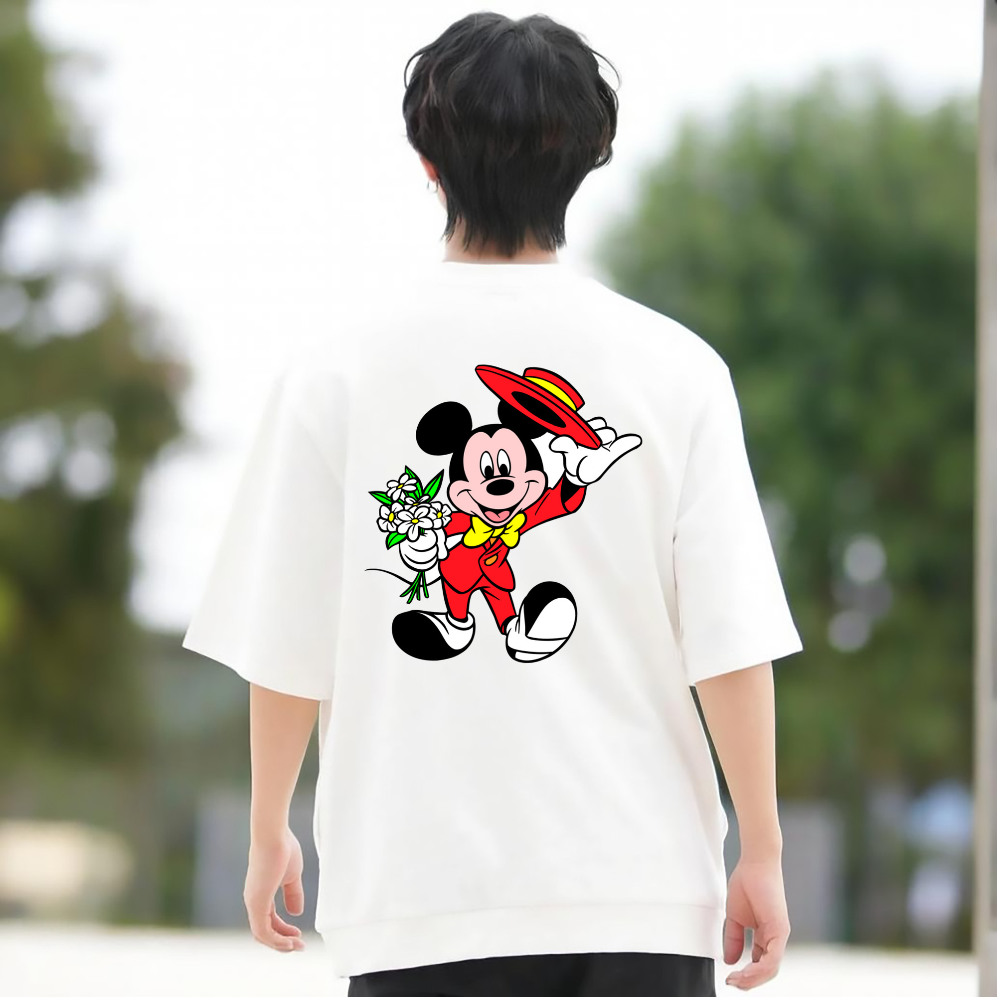 ミッキーマウス Mickey Mouse 綿100％ メンズ半袖Tシャツ（バックプリント） 通気性