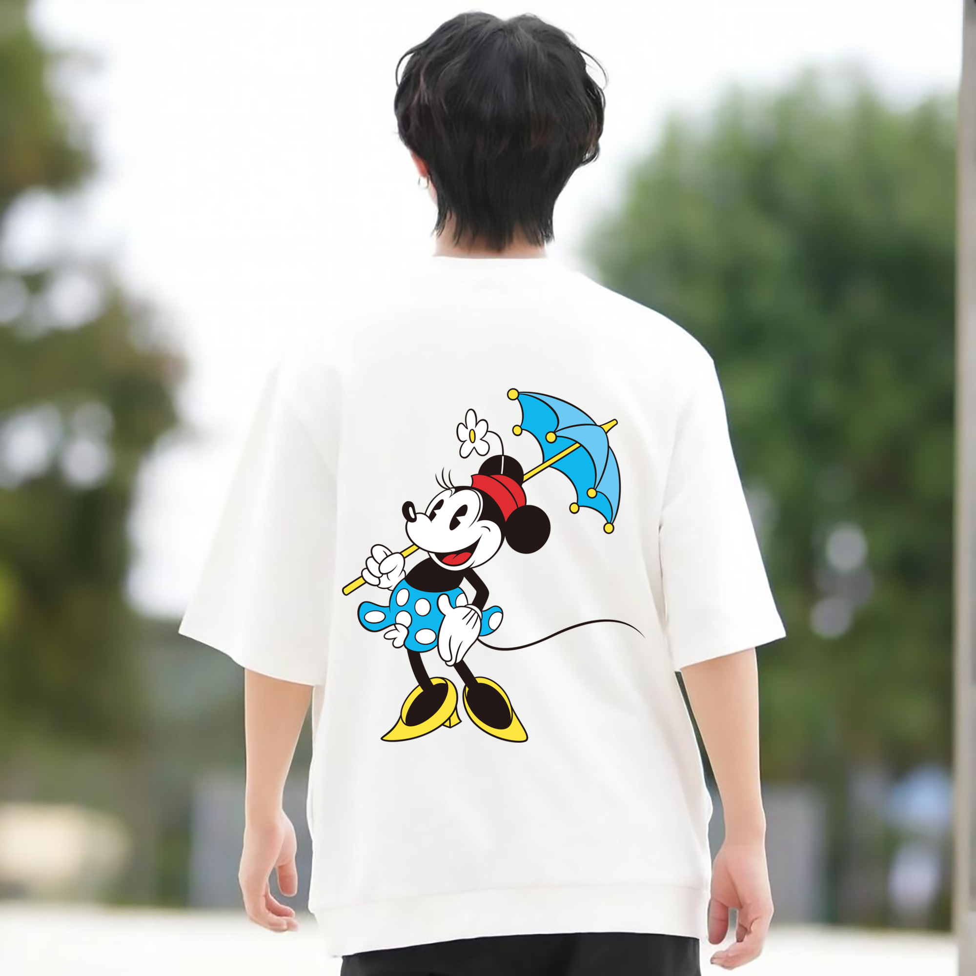 ミッキーマウス Mickey Mouse 綿100％ メンズ半袖Tシャツ（バックプリント） 通気性