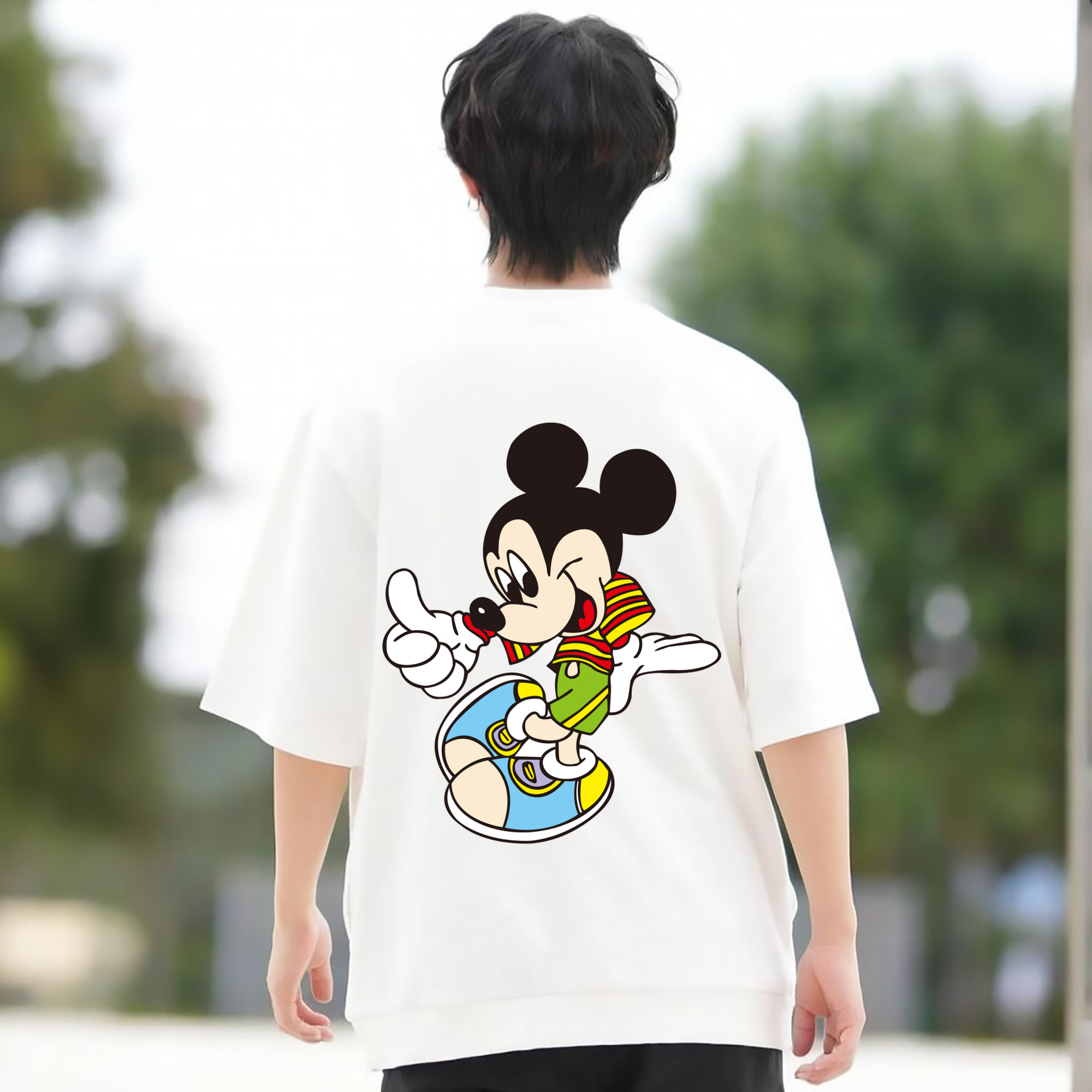 ミッキーマウス Mickey Mouse 綿100％ メンズ半袖Tシャツ（バックプリント） 通気性