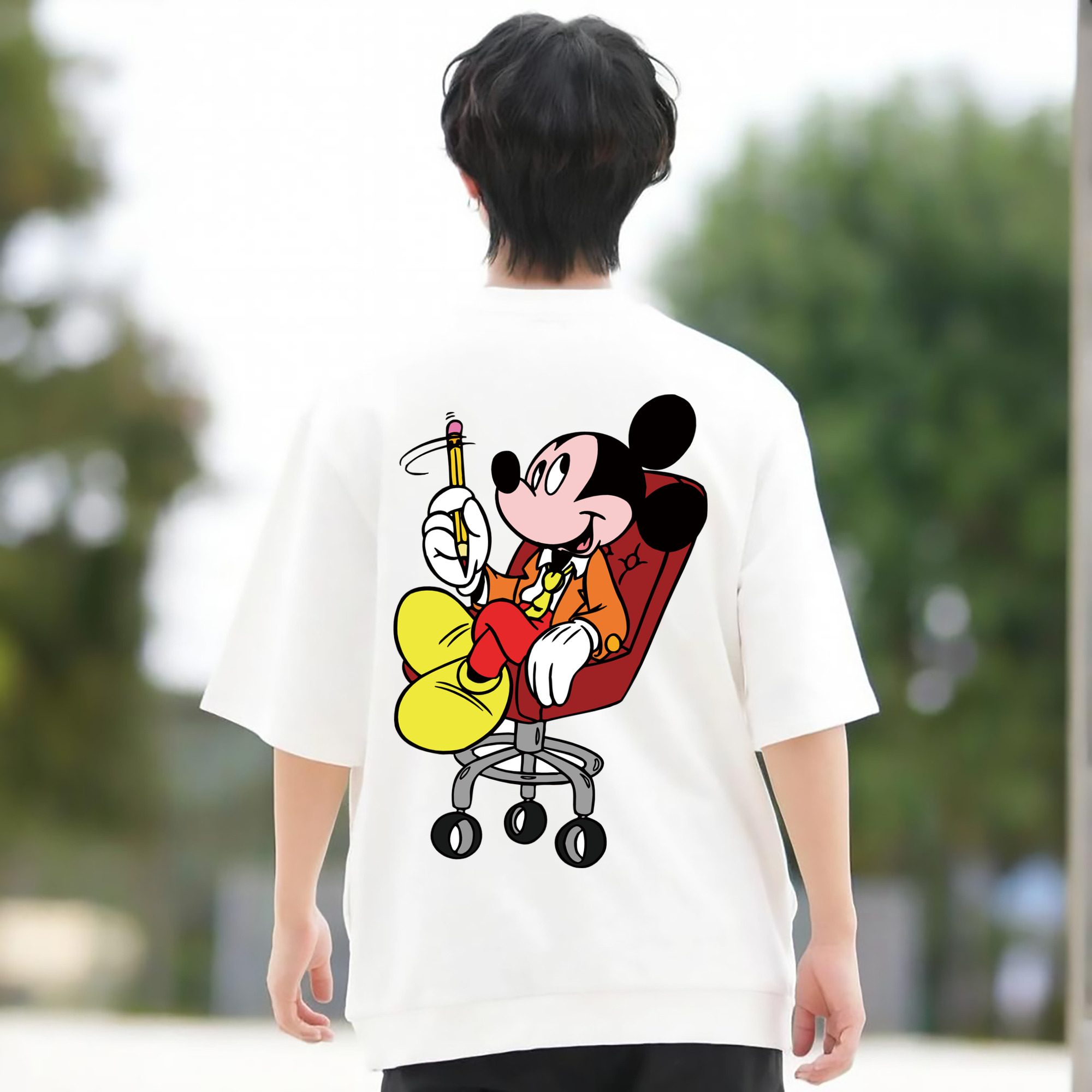 ミッキーマウス Mickey Mouse 綿100％ メンズ半袖Tシャツ（バックプリント） 通気性