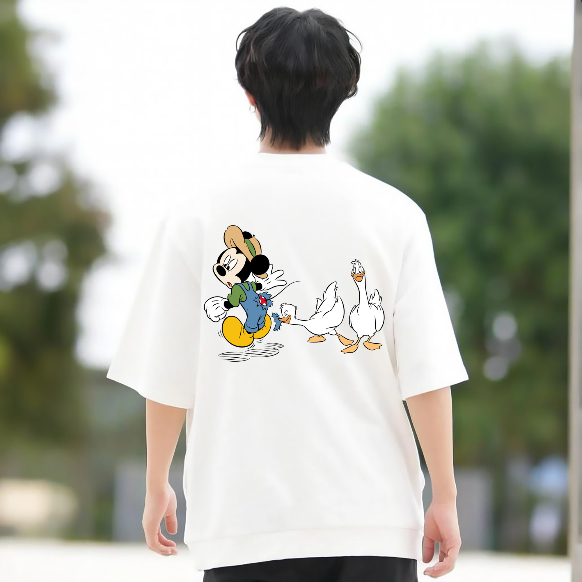 ミッキーマウス Mickey Mouse 綿100％ メンズ半袖Tシャツ（バックプリント） 通気性