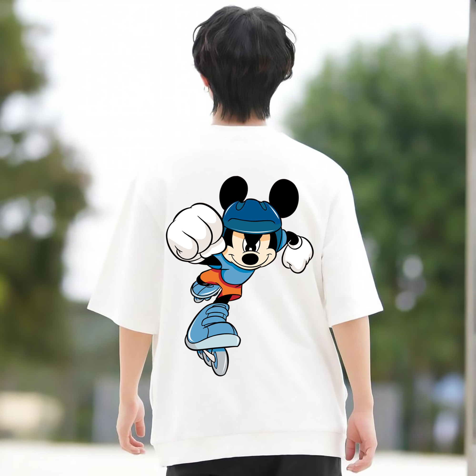 ミッキーマウス Mickey Mouse 綿100％ メンズ半袖Tシャツ（バックプリント） 通気性