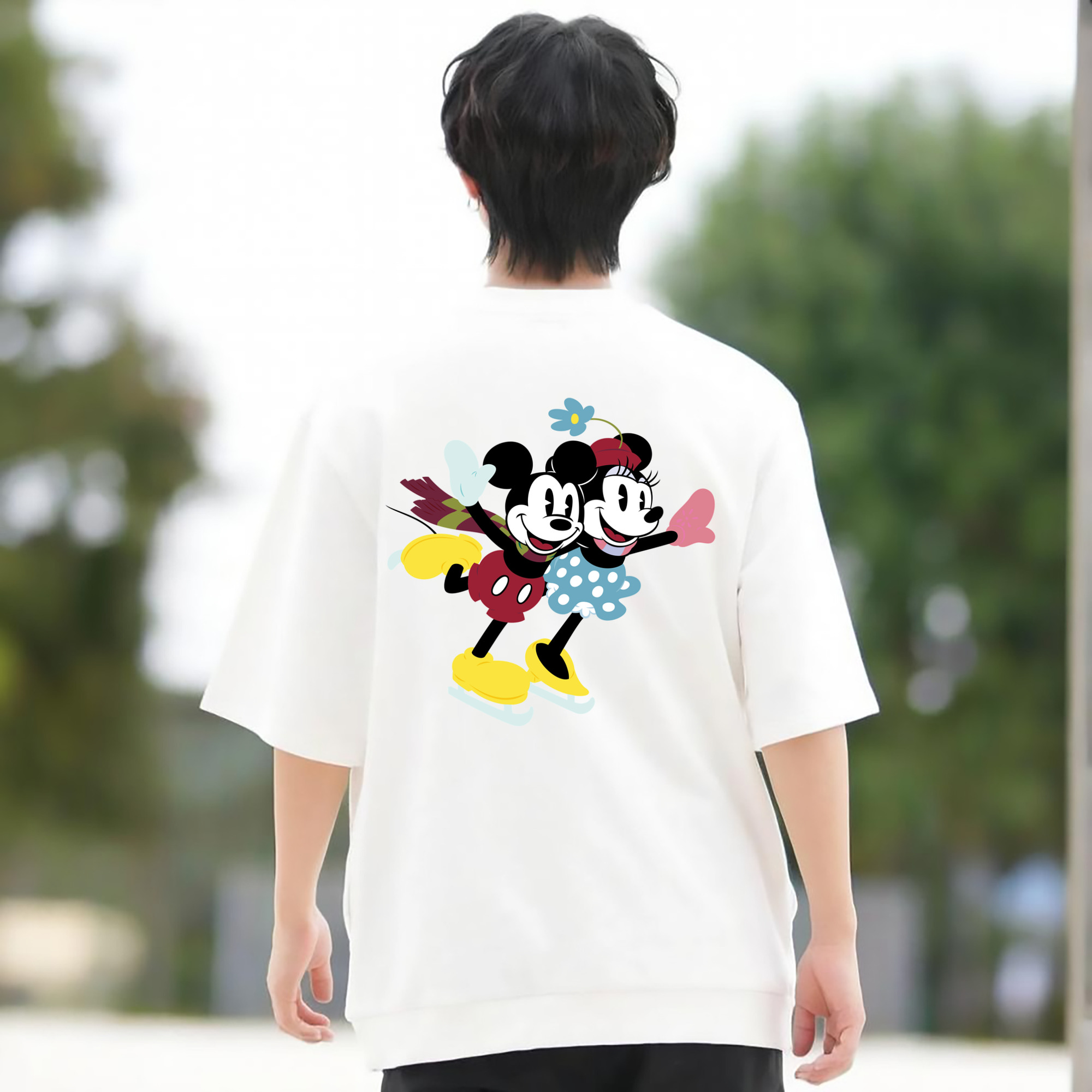 ミッキーマウス Mickey Mouse 綿100％ メンズ半袖Tシャツ（バックプリント） 通気性