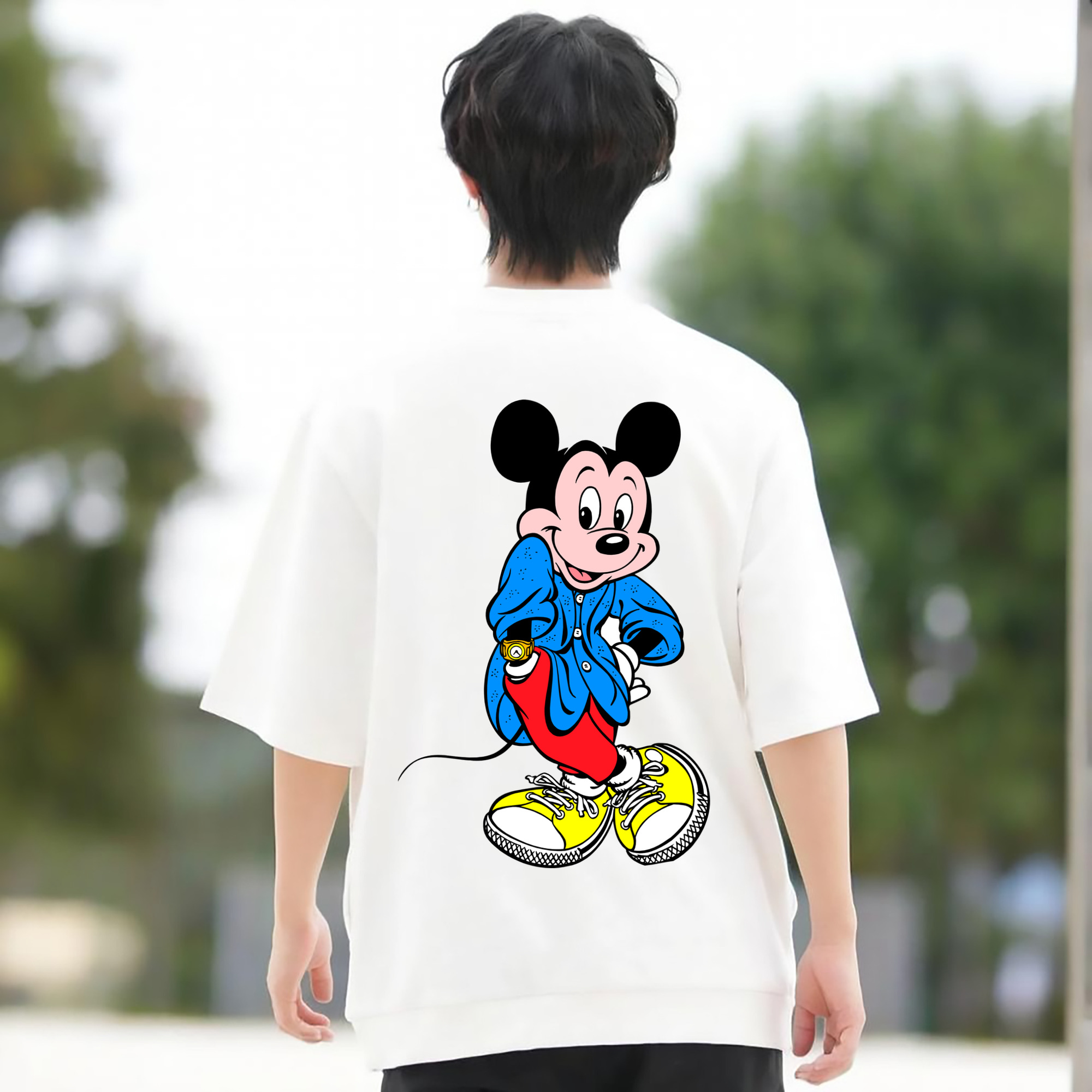 ミッキーマウス Mickey Mouse 綿100％ メンズ半袖Tシャツ（バックプリント） 通気性