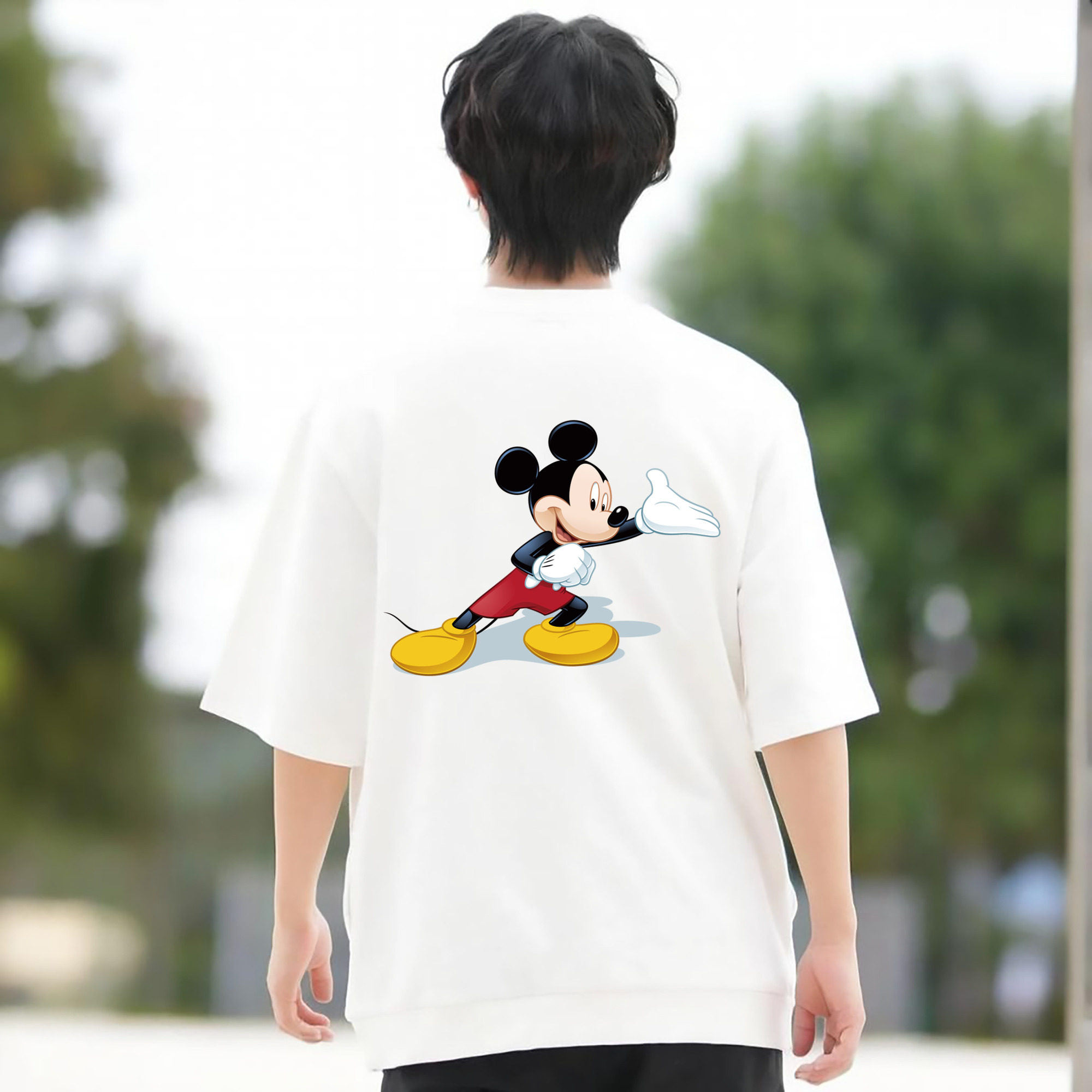 ミッキーマウス Mickey Mouse 綿100％ メンズ半袖Tシャツ（バックプリント） 通気性