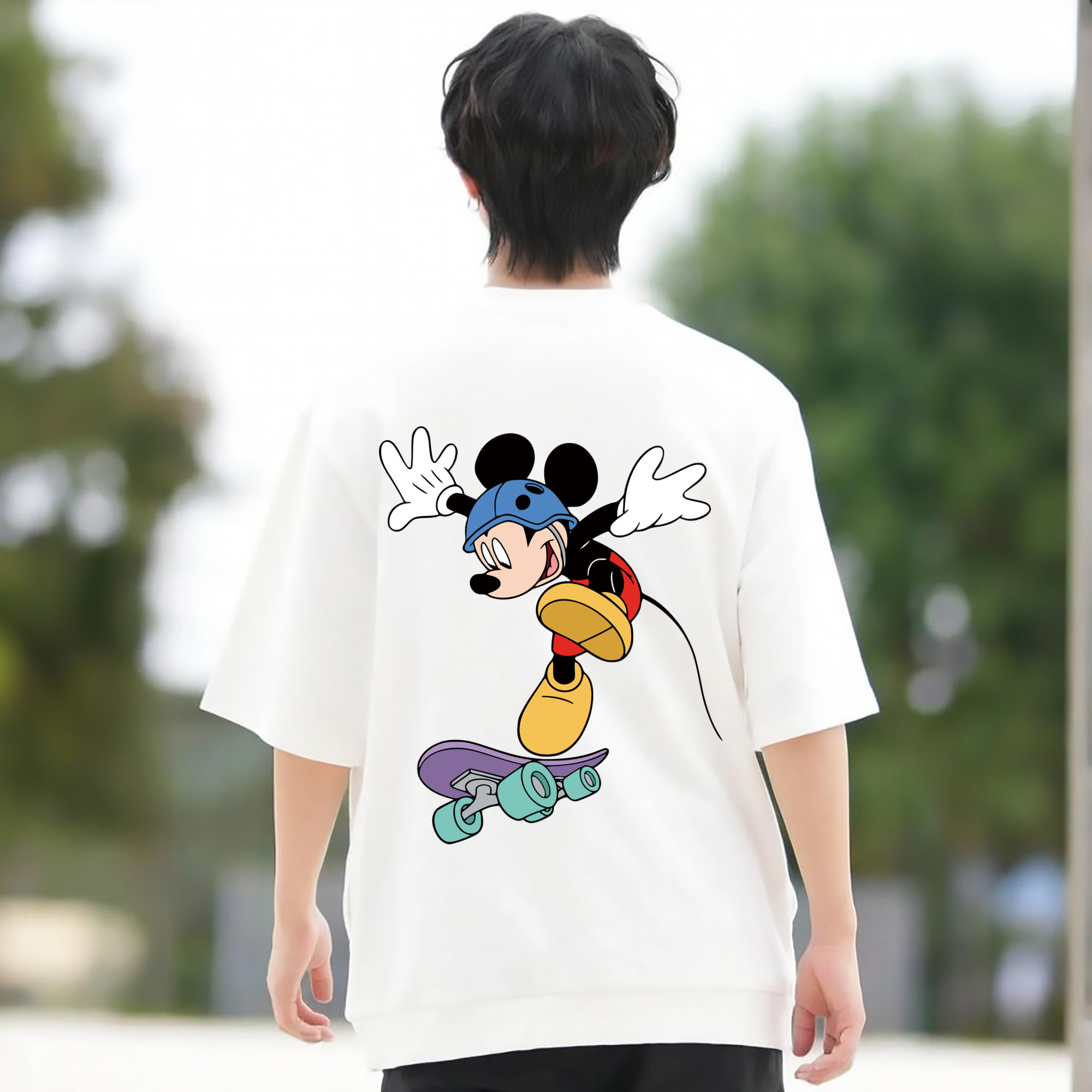 ミッキーマウス Mickey Mouse 綿100％ メンズ半袖Tシャツ（バックプリント） 通気性