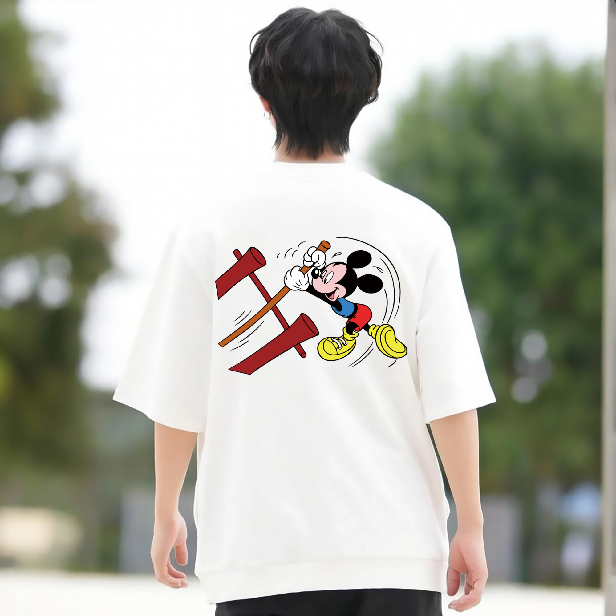 ミッキーマウス Mickey Mouse 綿100％ メンズ半袖Tシャツ（バックプリント） 通気性