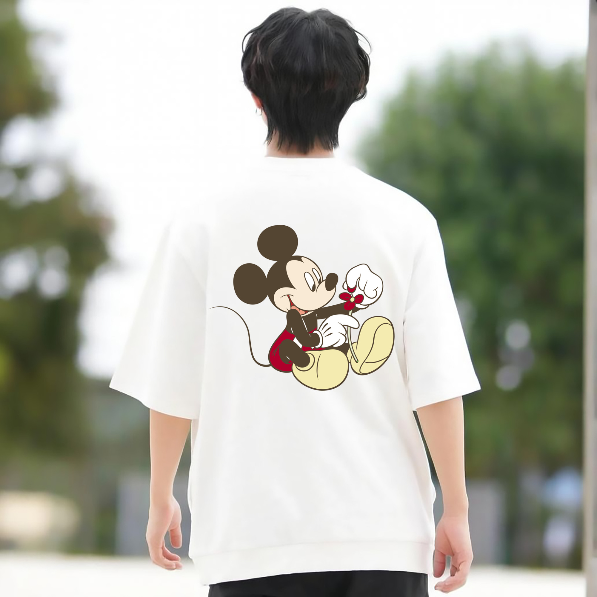 ミッキーマウス Mickey Mouse 綿100％ メンズ半袖Tシャツ（バックプリント） 通気性