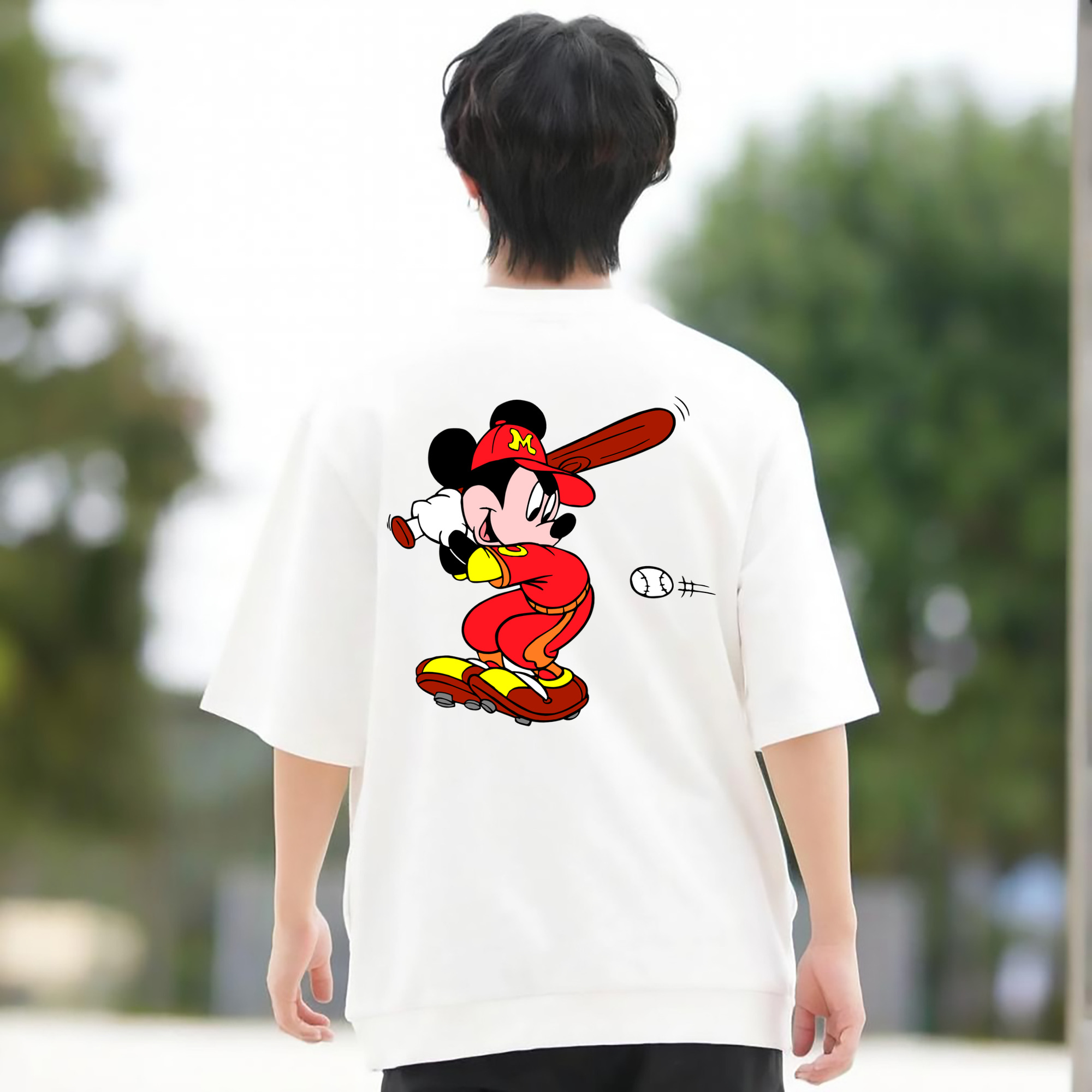 ミッキーマウス Mickey Mouse 綿100％ メンズ半袖Tシャツ（バックプリント） 通気性