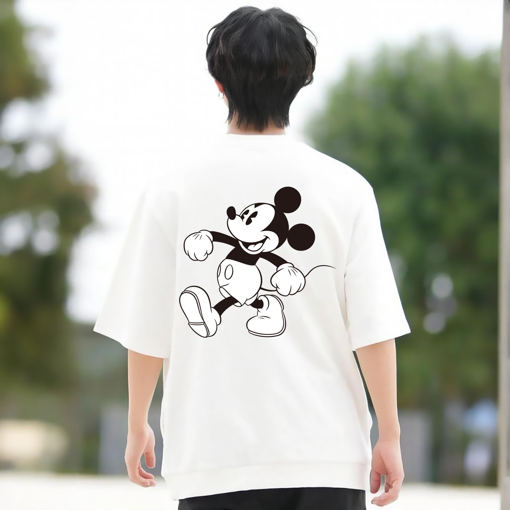 ミッキーマウス Mickey Mouse 綿100％ メンズ半袖Tシャツ（バックプリント） 通気性