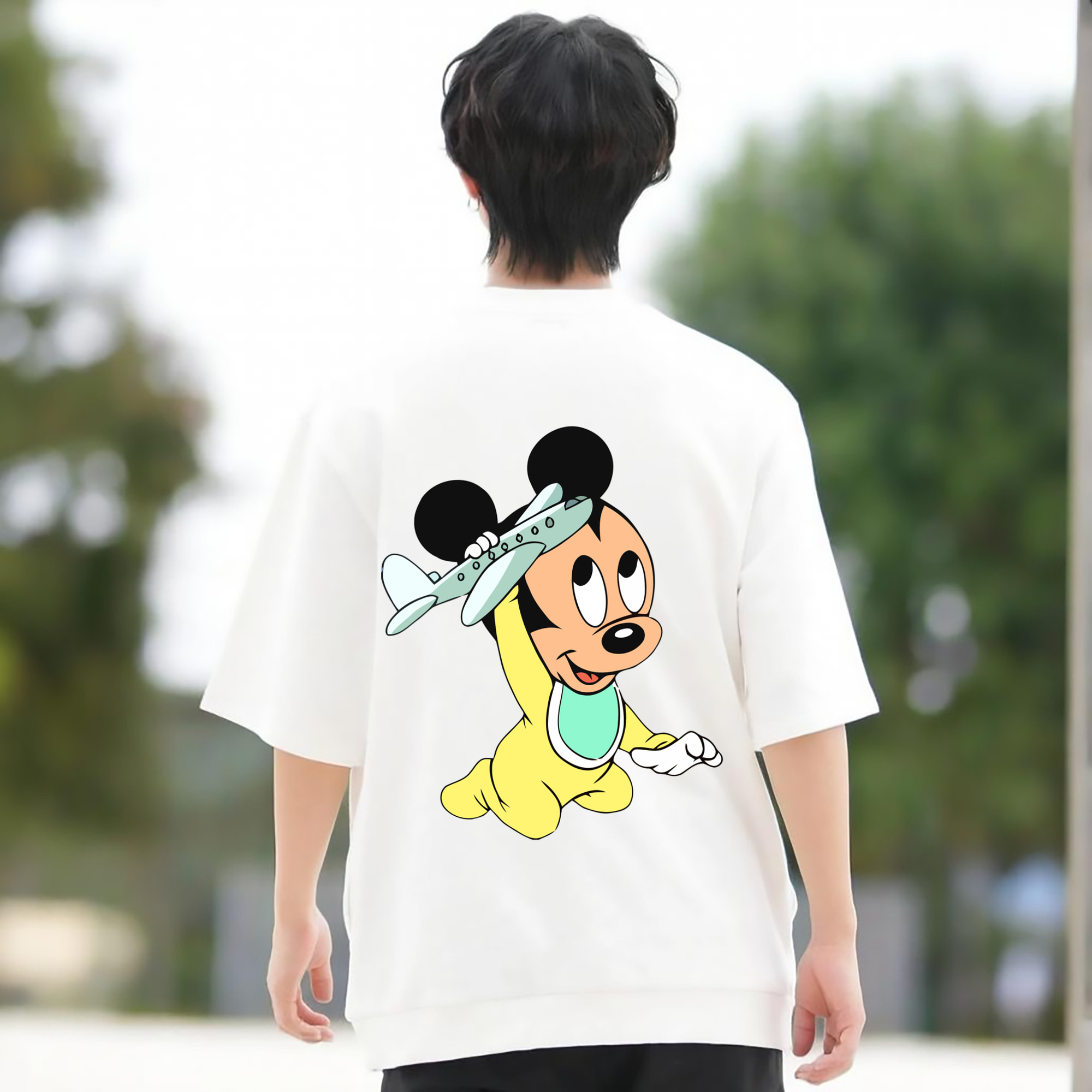 ミッキーマウス Mickey Mouse 綿100％ メンズ半袖Tシャツ（バックプリント） 通気性