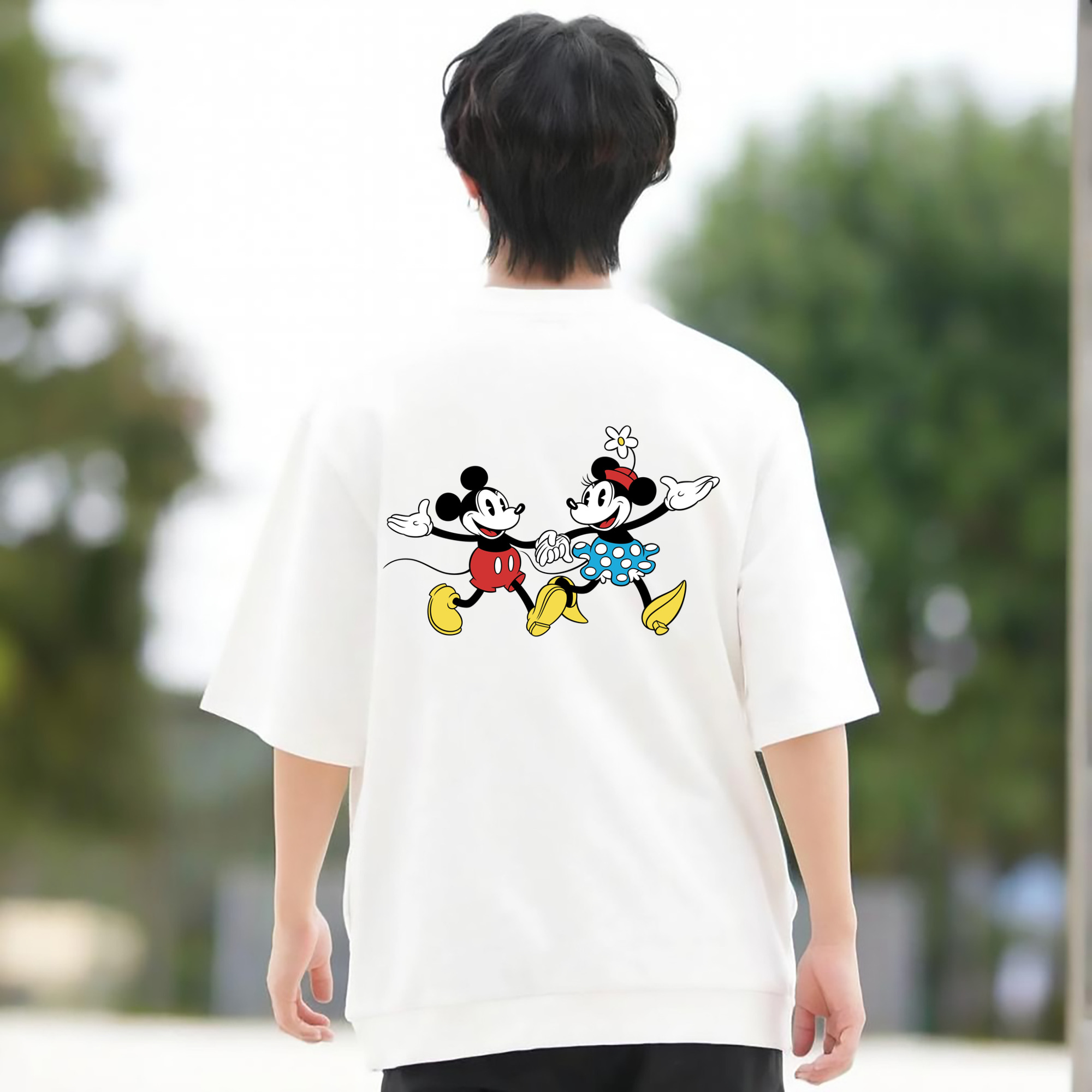 ミッキーマウス Mickey Mouse 綿100％ メンズ半袖Tシャツ（バックプリント） 通気性