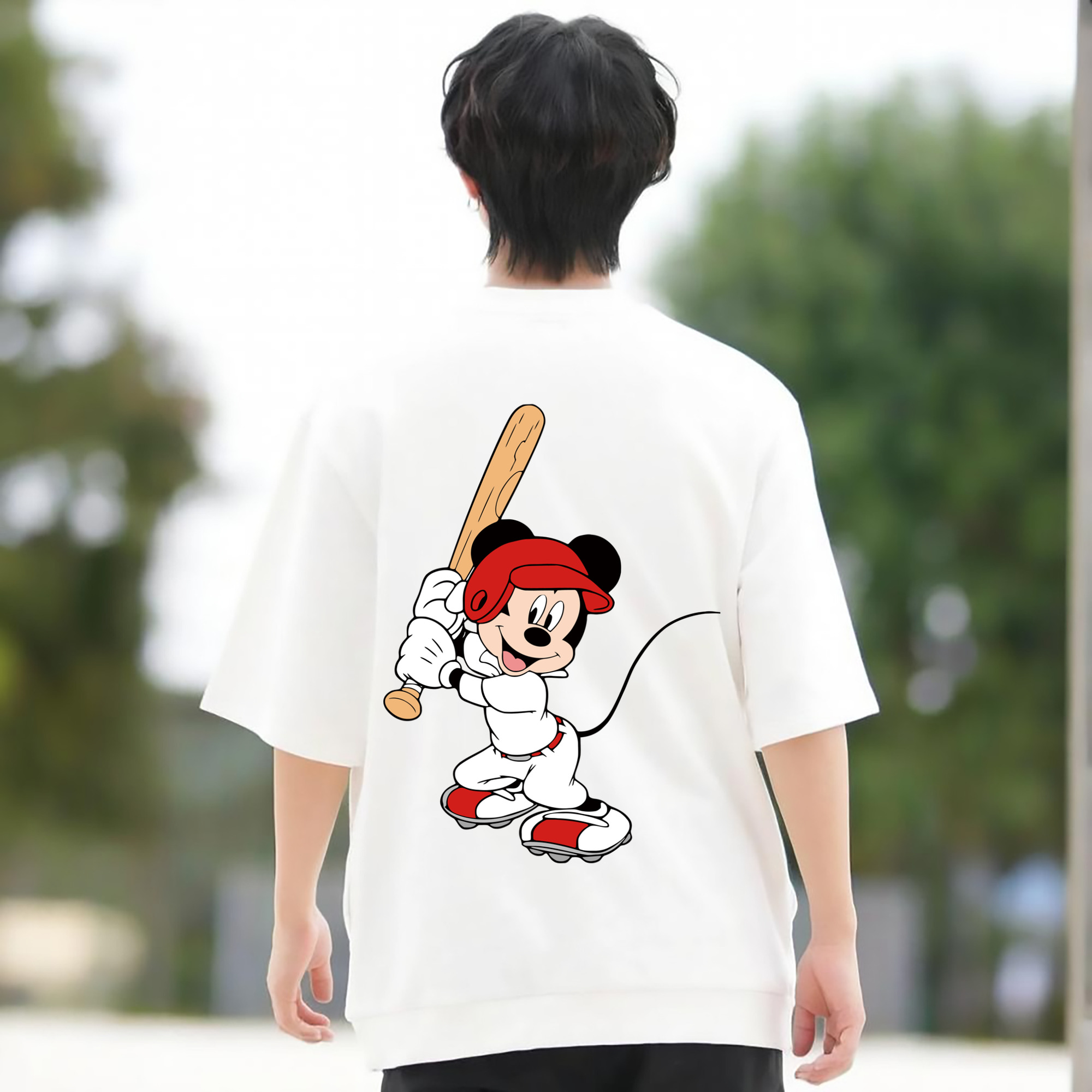 ミッキーマウス Mickey Mouse 綿100％ メンズ半袖Tシャツ（バックプリント） 通気性