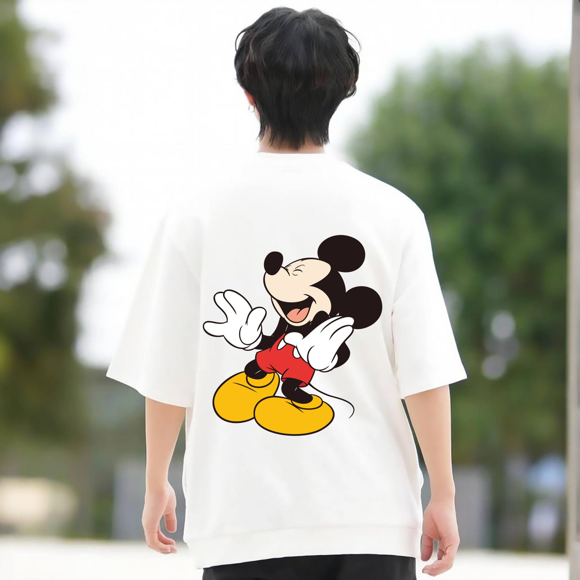 ミッキーマウス Mickey Mouse 綿100％ メンズ半袖Tシャツ（バックプリント） 通気性
