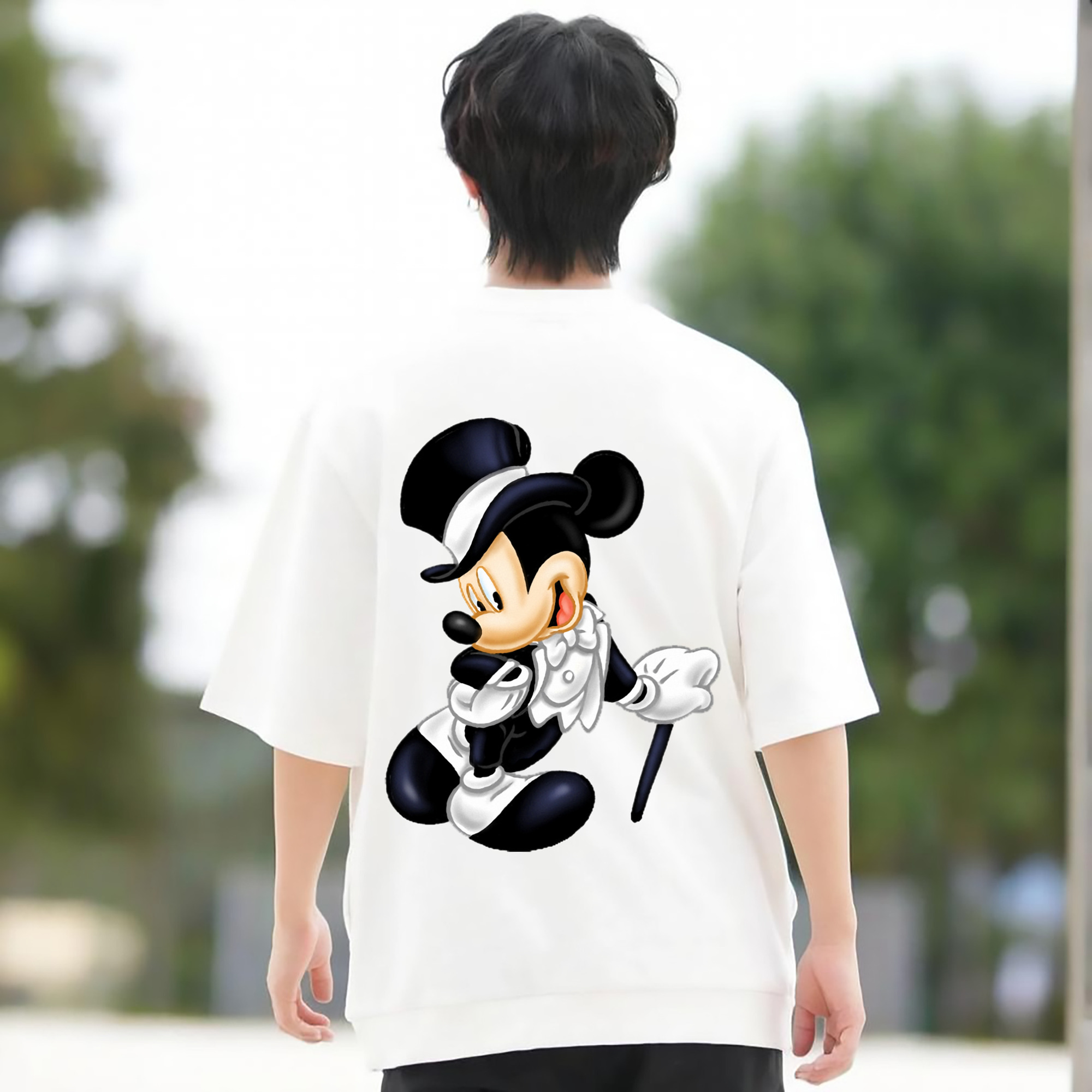 ミッキーマウス Mickey Mouse 綿100％ メンズ半袖Tシャツ（バックプリント） 通気性