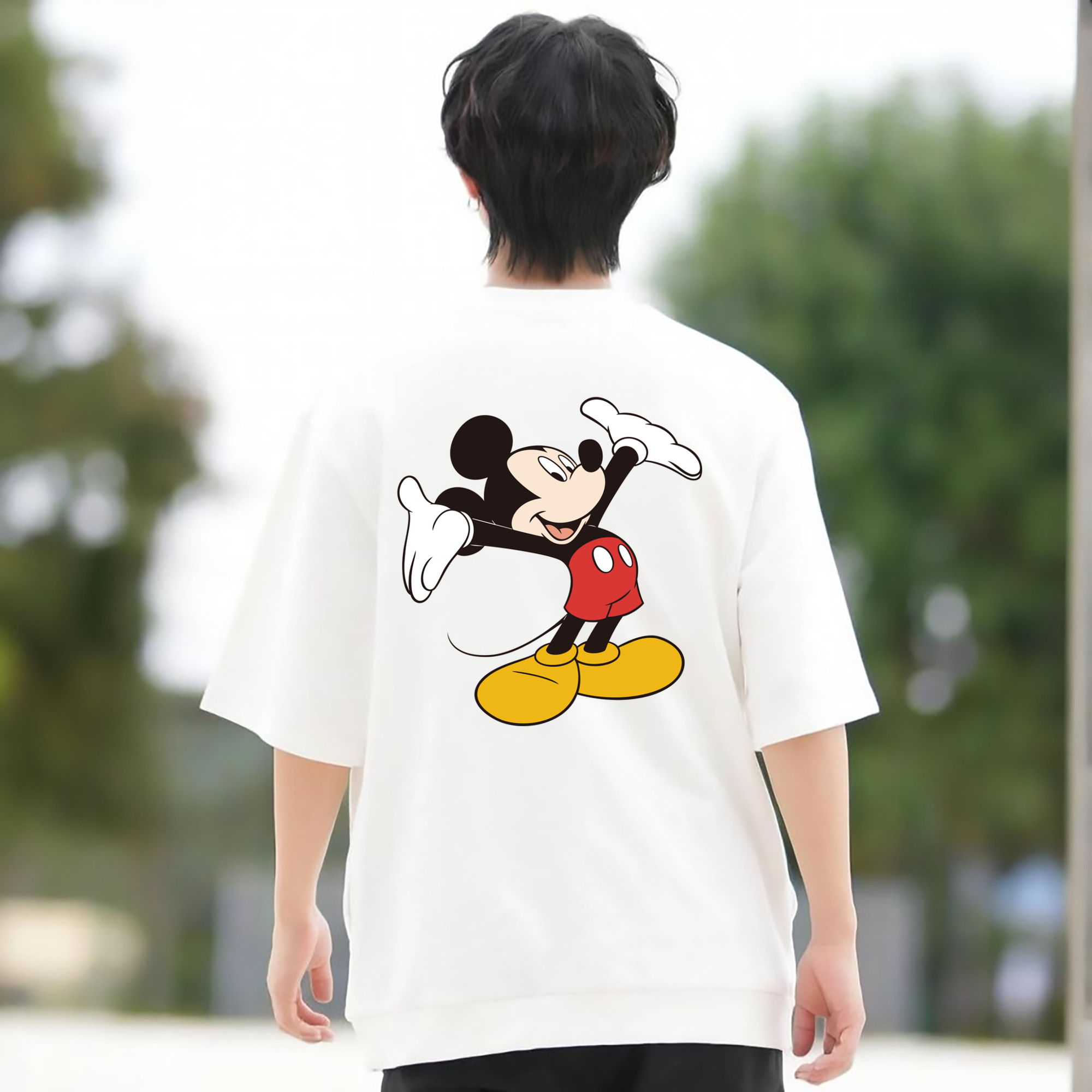 ミッキーマウス Mickey Mouse 綿100％ メンズ半袖Tシャツ（バックプリント） 通気性