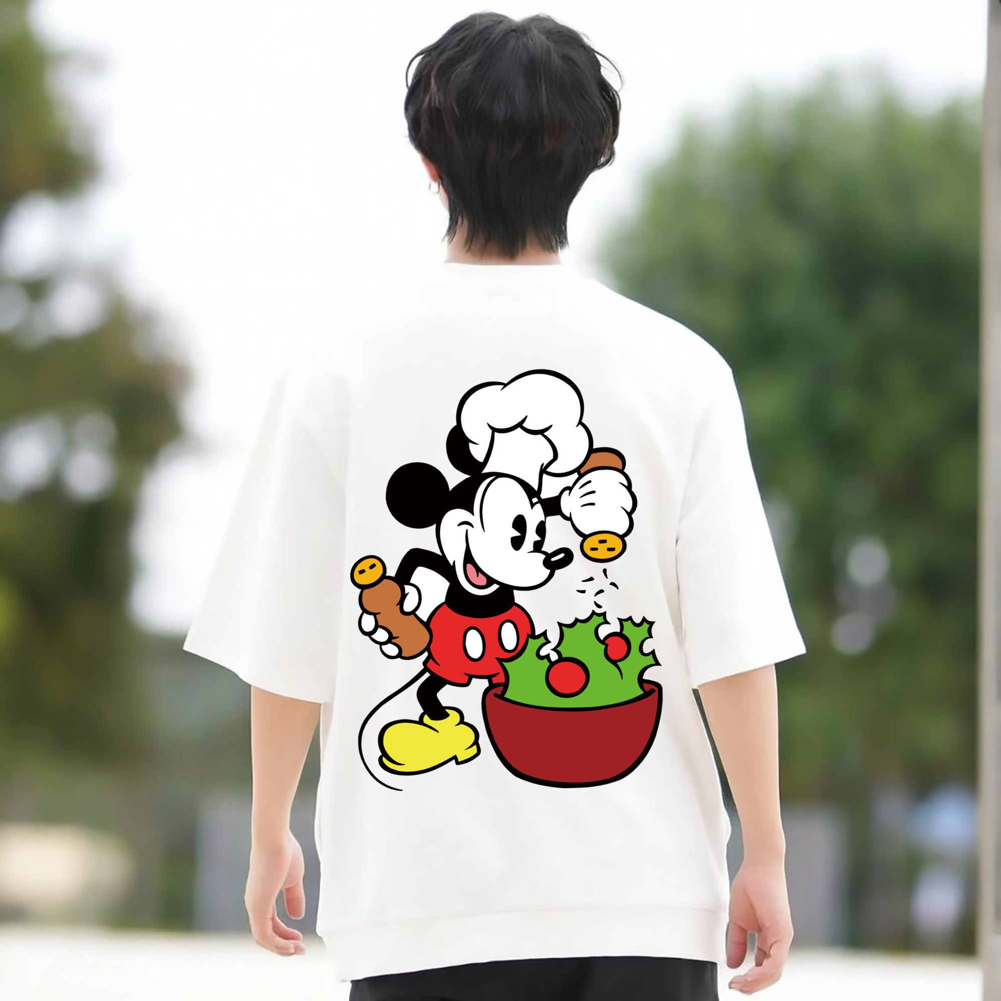ミッキーマウス Mickey Mouse 綿100％ メンズ半袖Tシャツ（バックプリント） 通気性