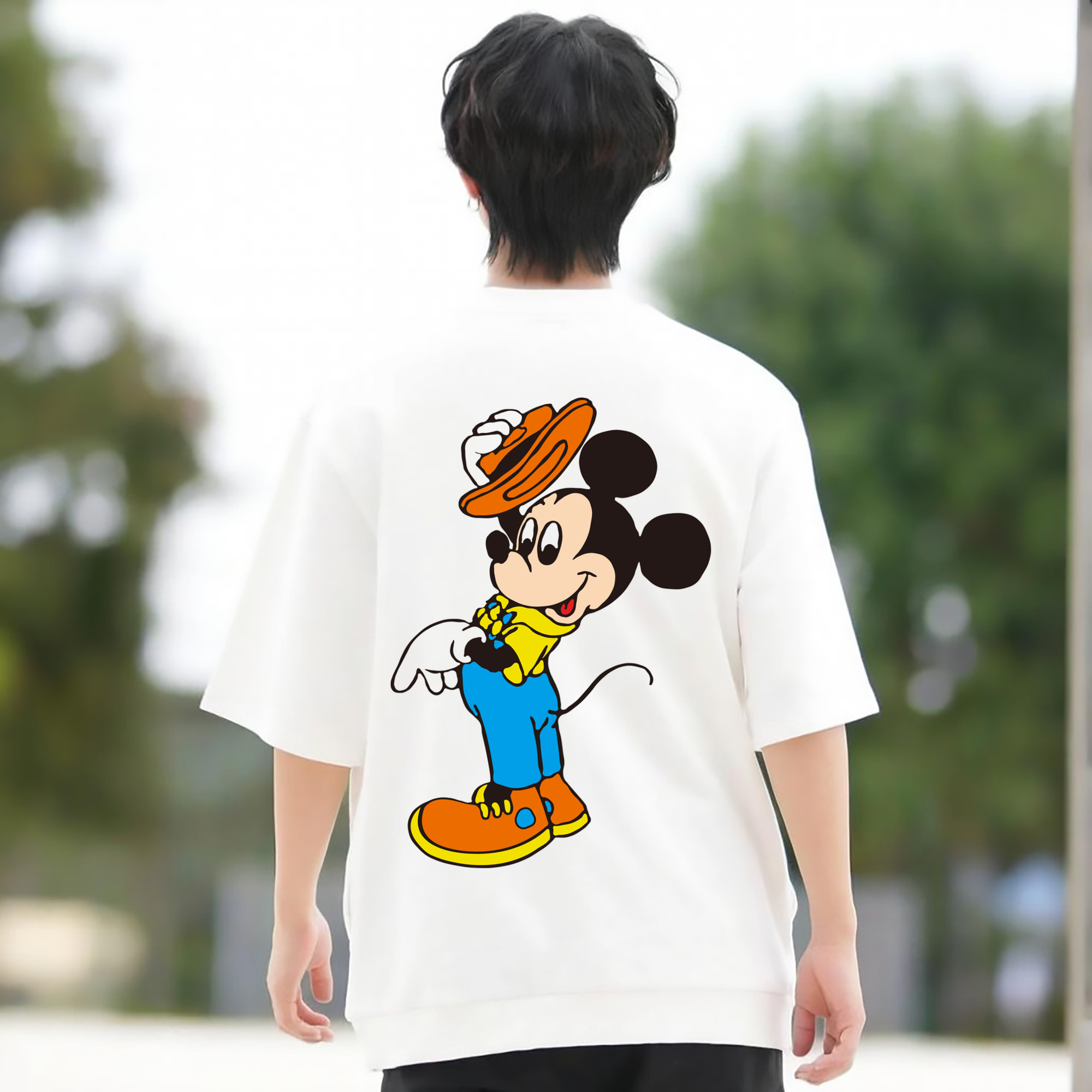 ミッキーマウス Mickey Mouse 綿100％ メンズ半袖Tシャツ（バックプリント） 通気性