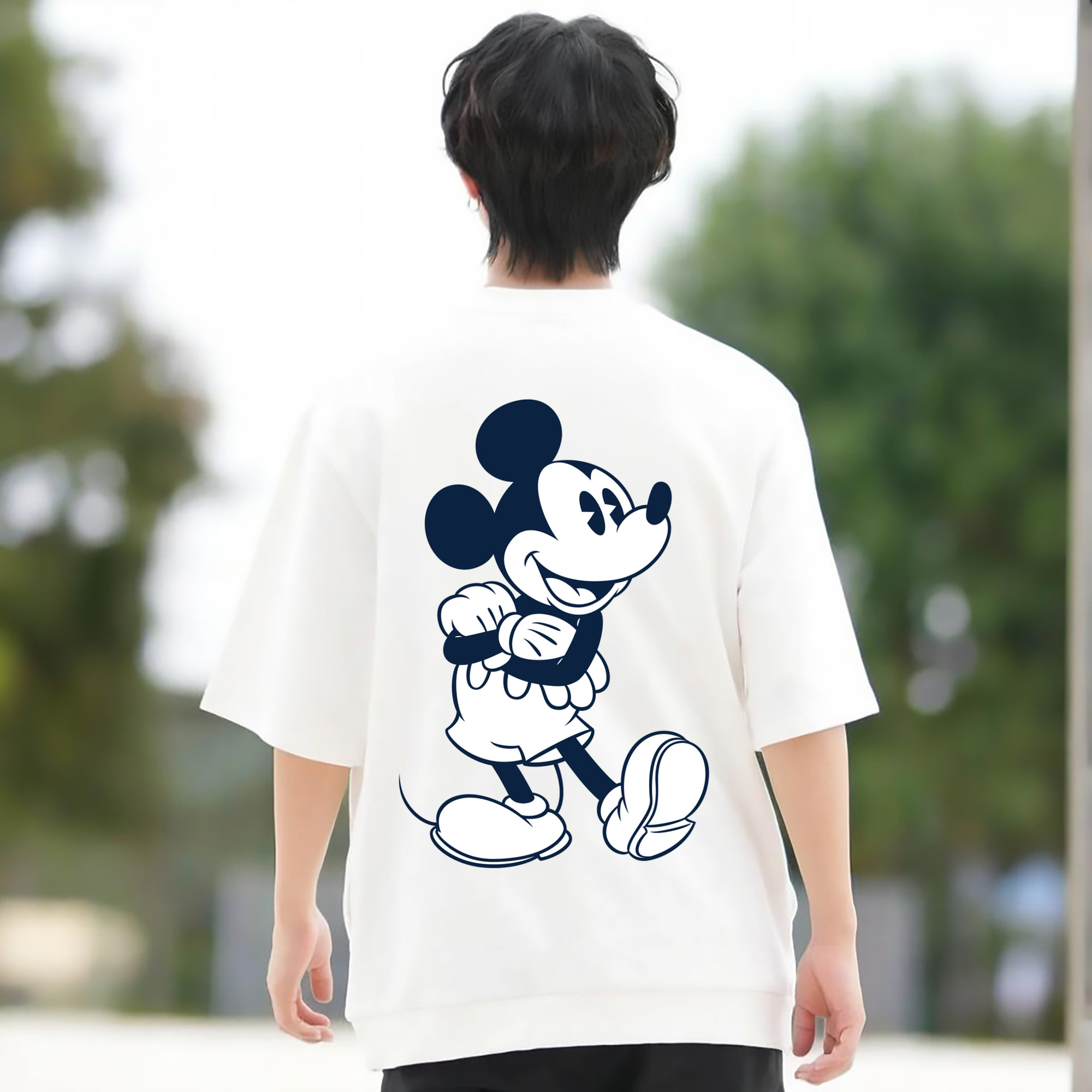 ミッキーマウス Mickey Mouse 綿100％ メンズ半袖Tシャツ（バックプリント） 通気性