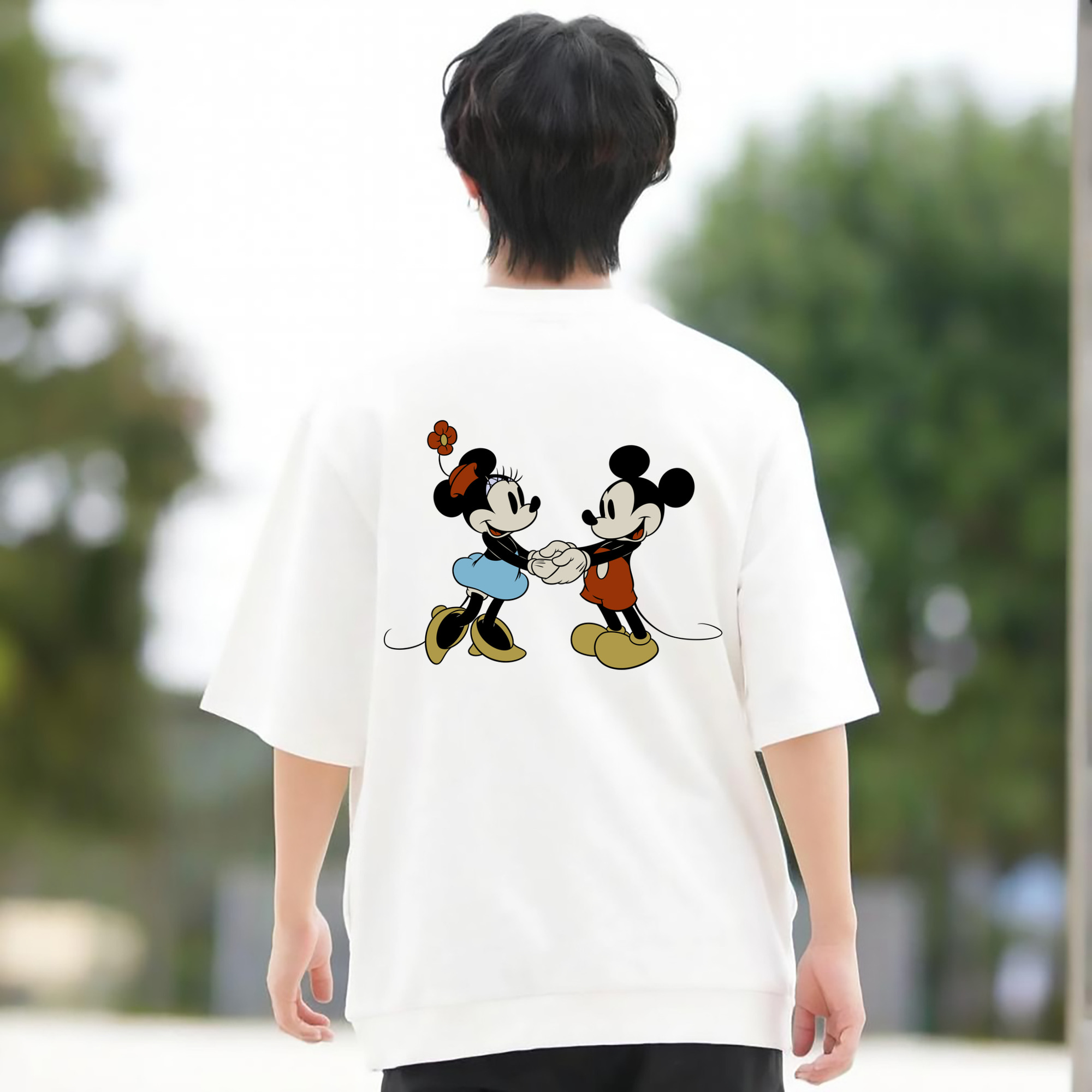 ミッキーマウス Mickey Mouse 綿100％ メンズ半袖Tシャツ（バックプリント） 通気性