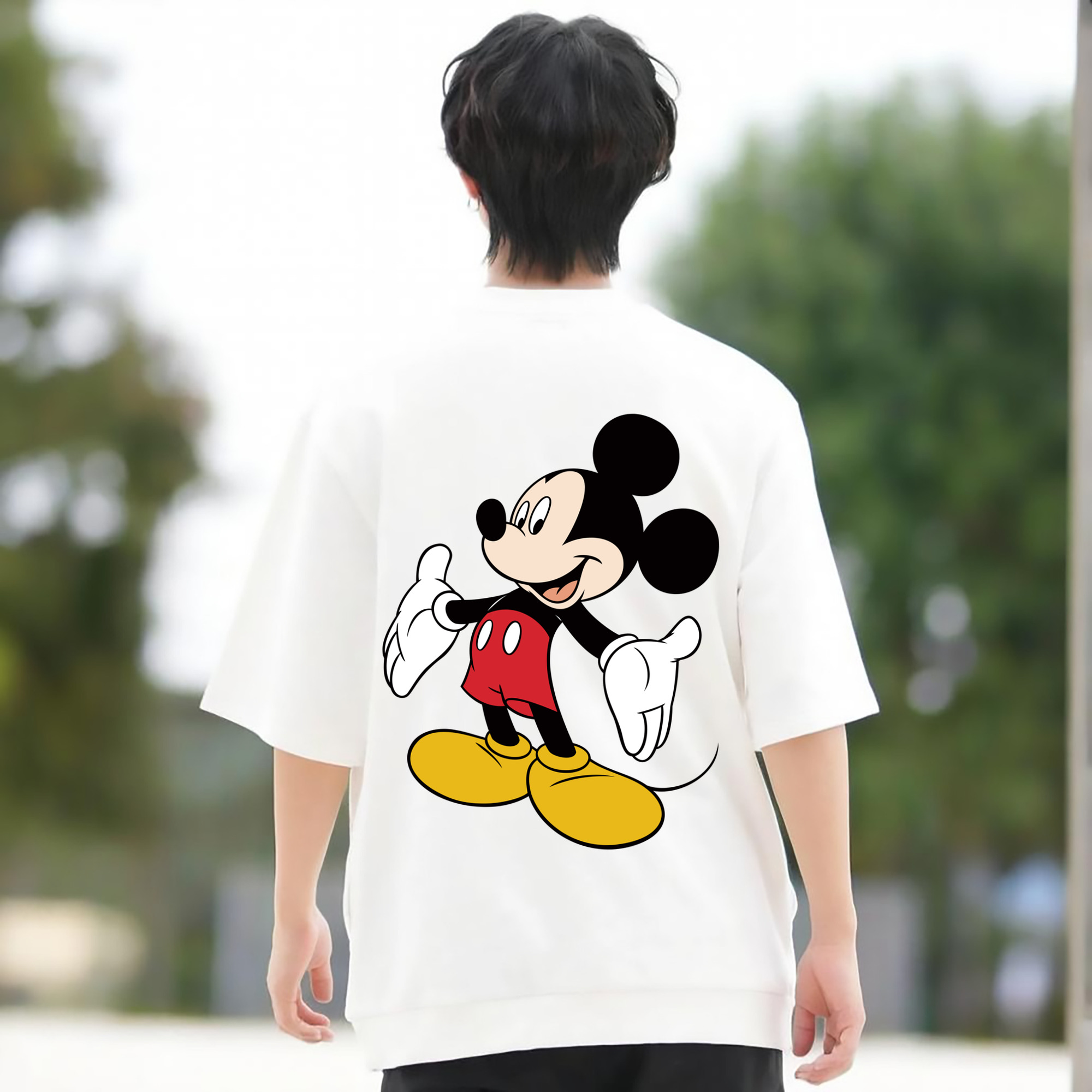 ミッキーマウス Mickey Mouse 綿100％ メンズ半袖Tシャツ（バックプリント） 通気性