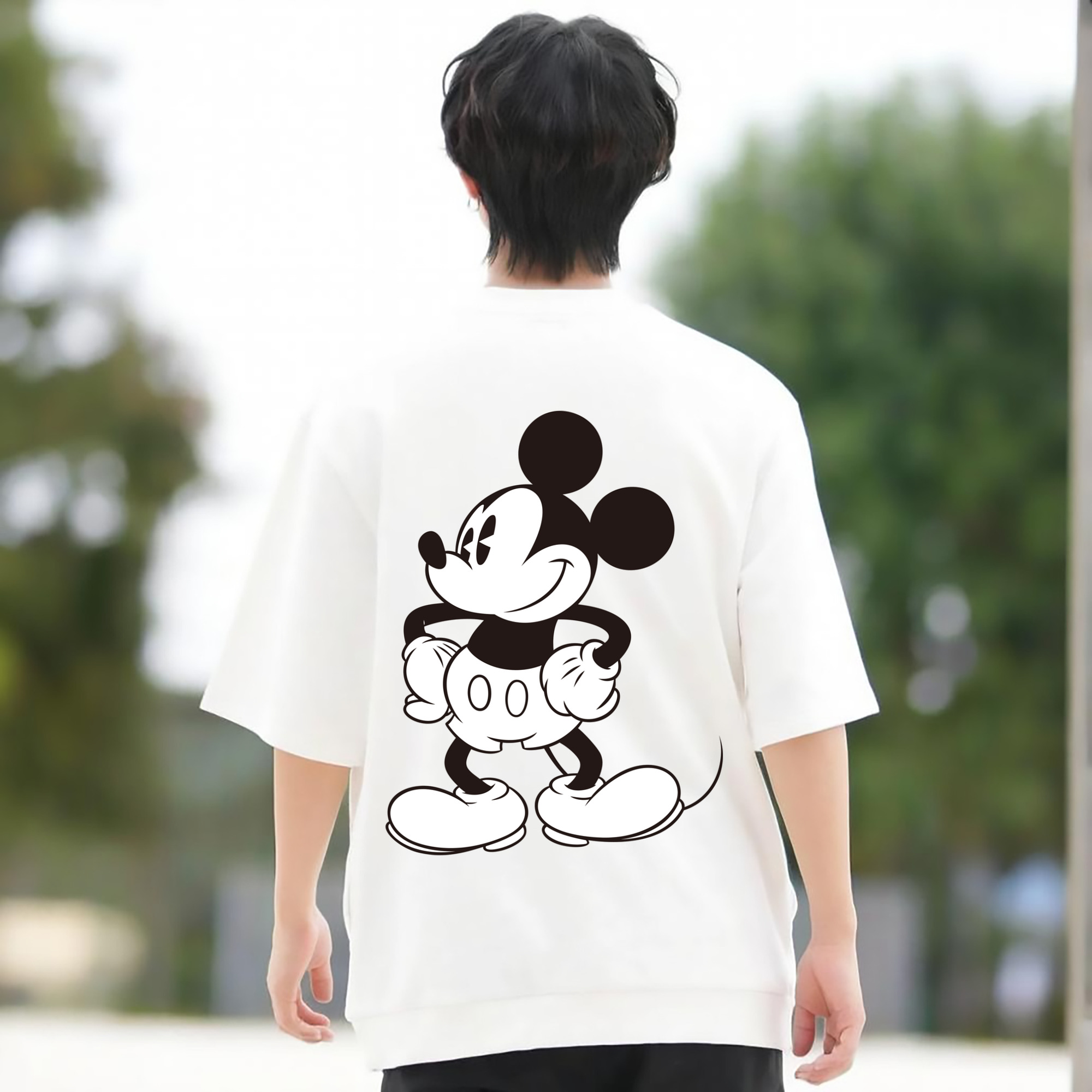 ミッキーマウス Mickey Mouse 綿100％ メンズ半袖Tシャツ（バックプリント） 通気性