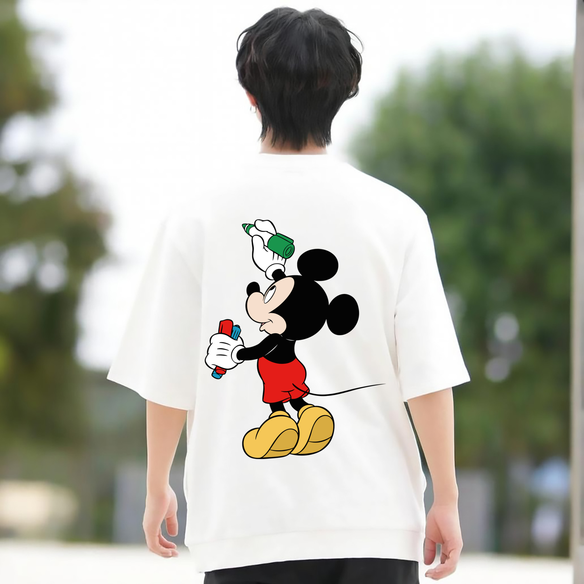 ミッキーマウス Mickey Mouse 綿100％ メンズ半袖Tシャツ（バックプリント） 通気性