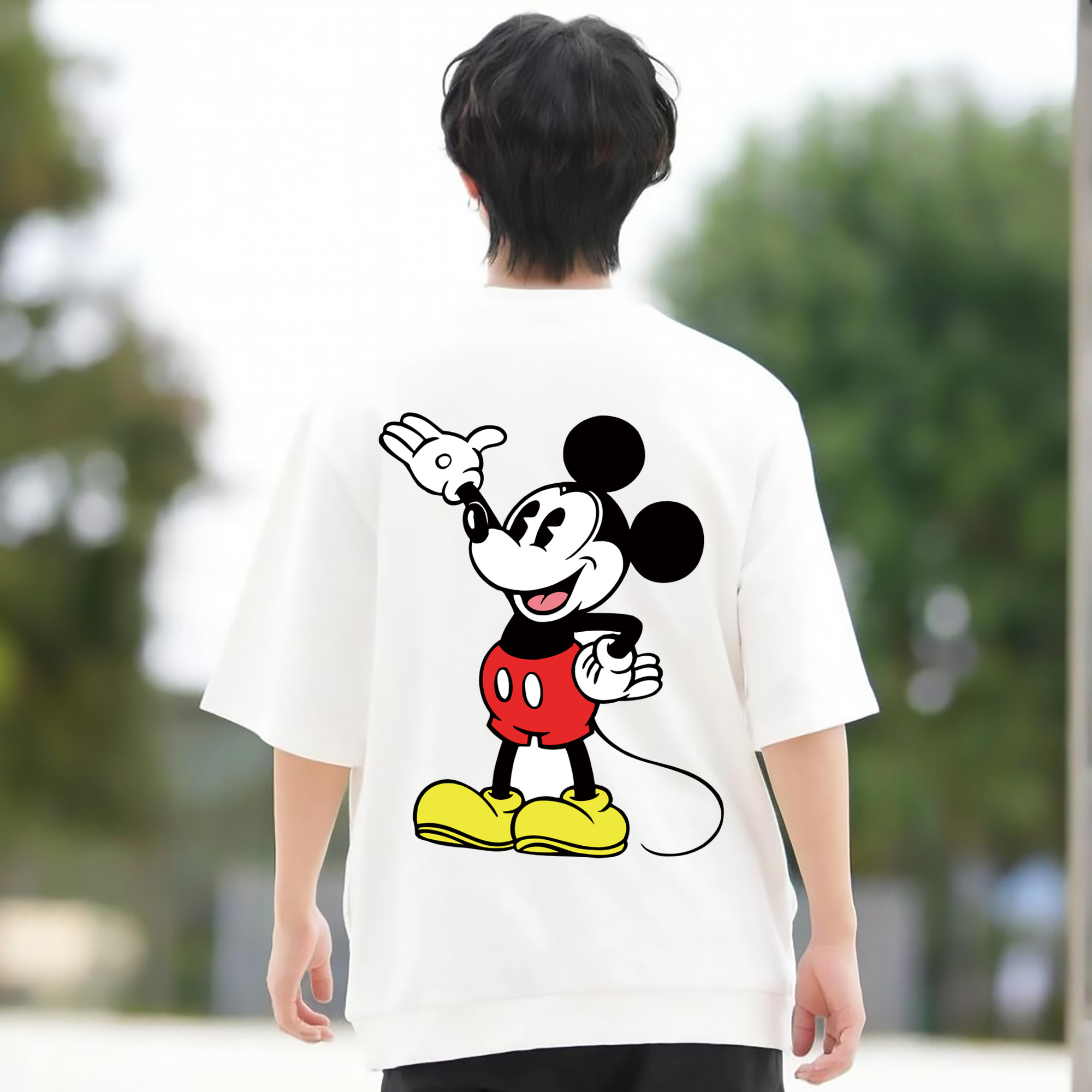 ミッキーマウス Mickey Mouse 綿100％ メンズ半袖Tシャツ（バックプリント） 通気性