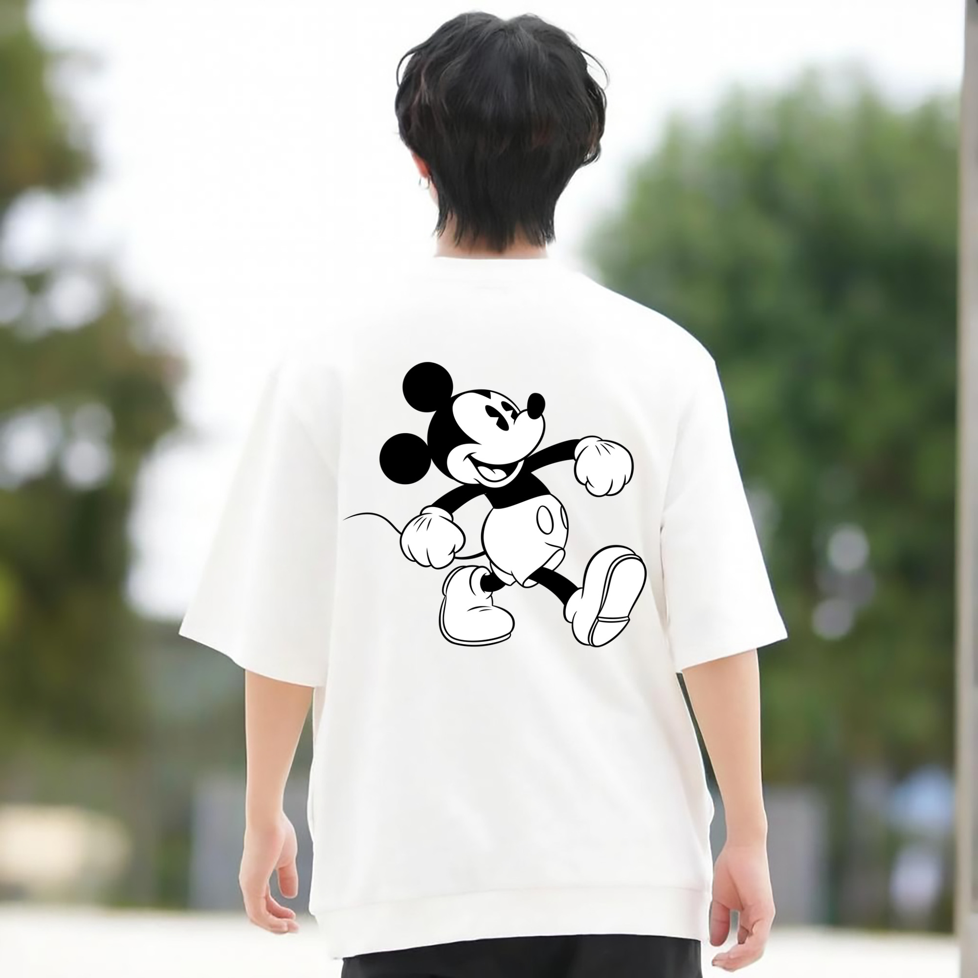 ミッキーマウス Mickey Mouse 綿100％ メンズ半袖Tシャツ（バックプリント） 通気性
