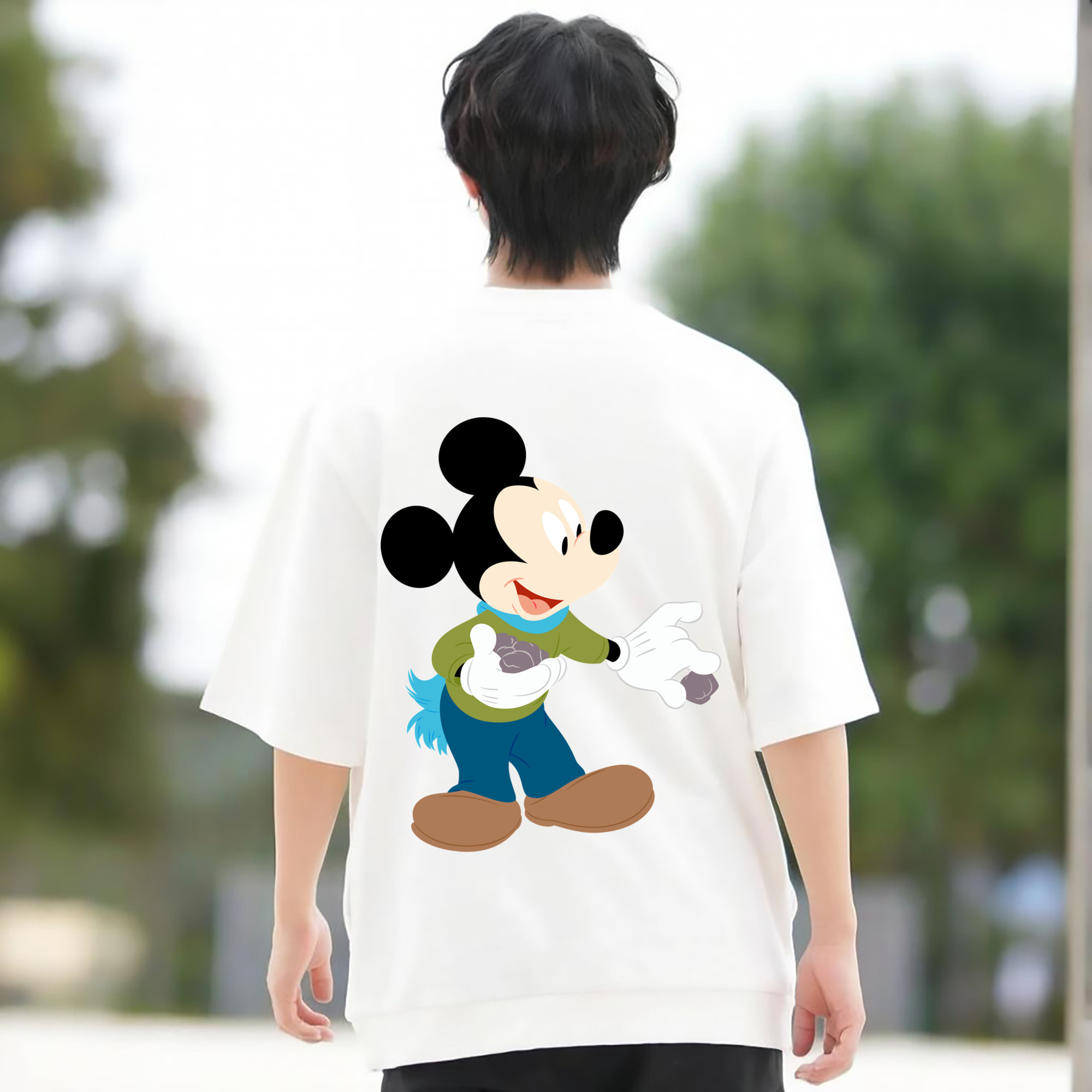ミッキーマウス Mickey Mouse 綿100％ メンズ半袖Tシャツ（バックプリント） 通気性