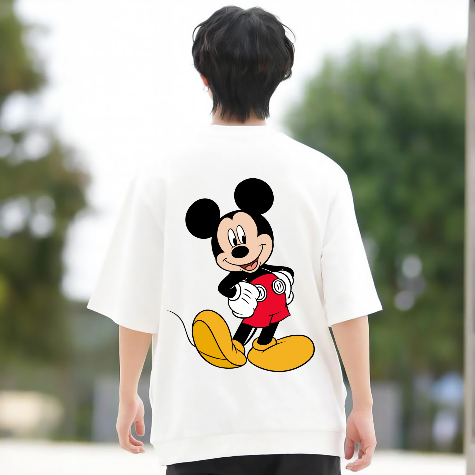 ミッキーマウス Mickey Mouse 綿100％ メンズ半袖Tシャツ（バックプリント） 通気性