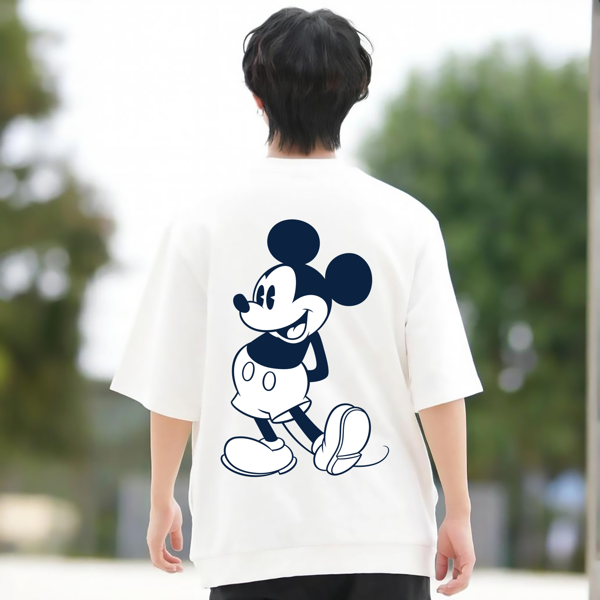 ミッキーマウス Mickey Mouse 綿100％ メンズ半袖Tシャツ（バックプリント） 通気性
