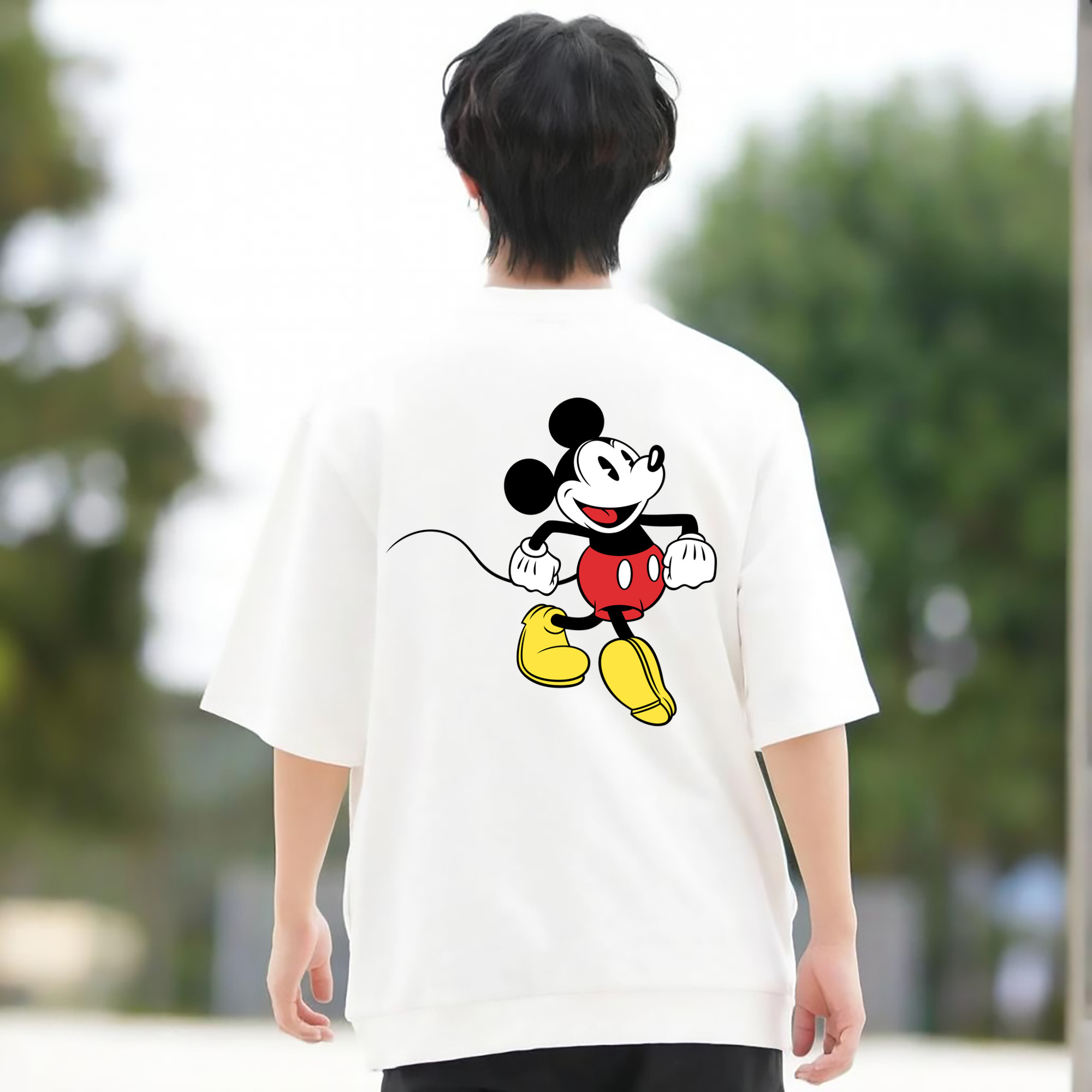 ミッキーマウス Mickey Mouse 綿100％ メンズ半袖Tシャツ（バックプリント） 通気性