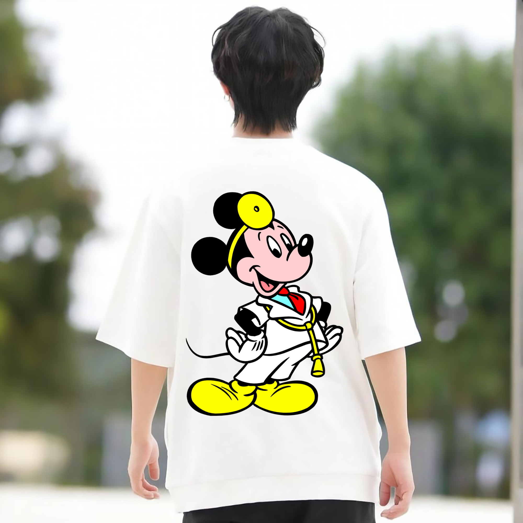 ミッキーマウス Mickey Mouse 綿100％ メンズ半袖Tシャツ（バックプリント） 通気性