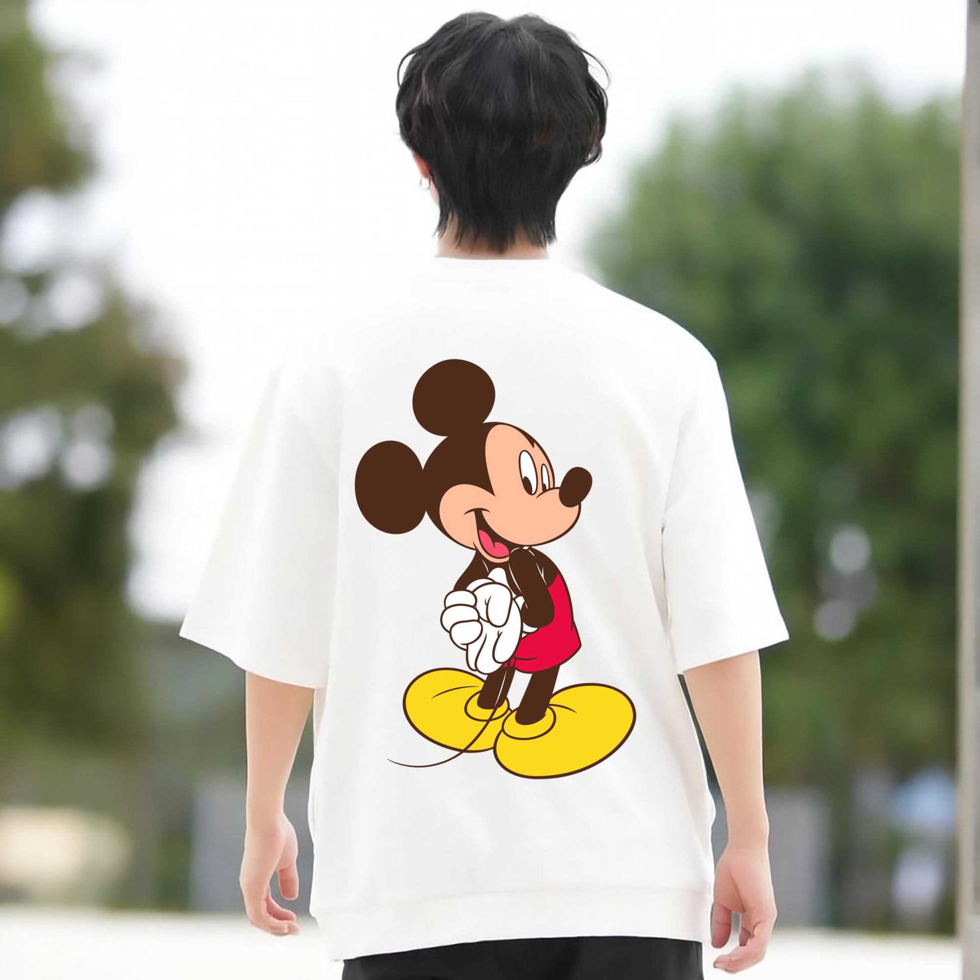ミッキーマウス Mickey Mouse 綿100％ メンズ半袖Tシャツ（バックプリント） 通気性