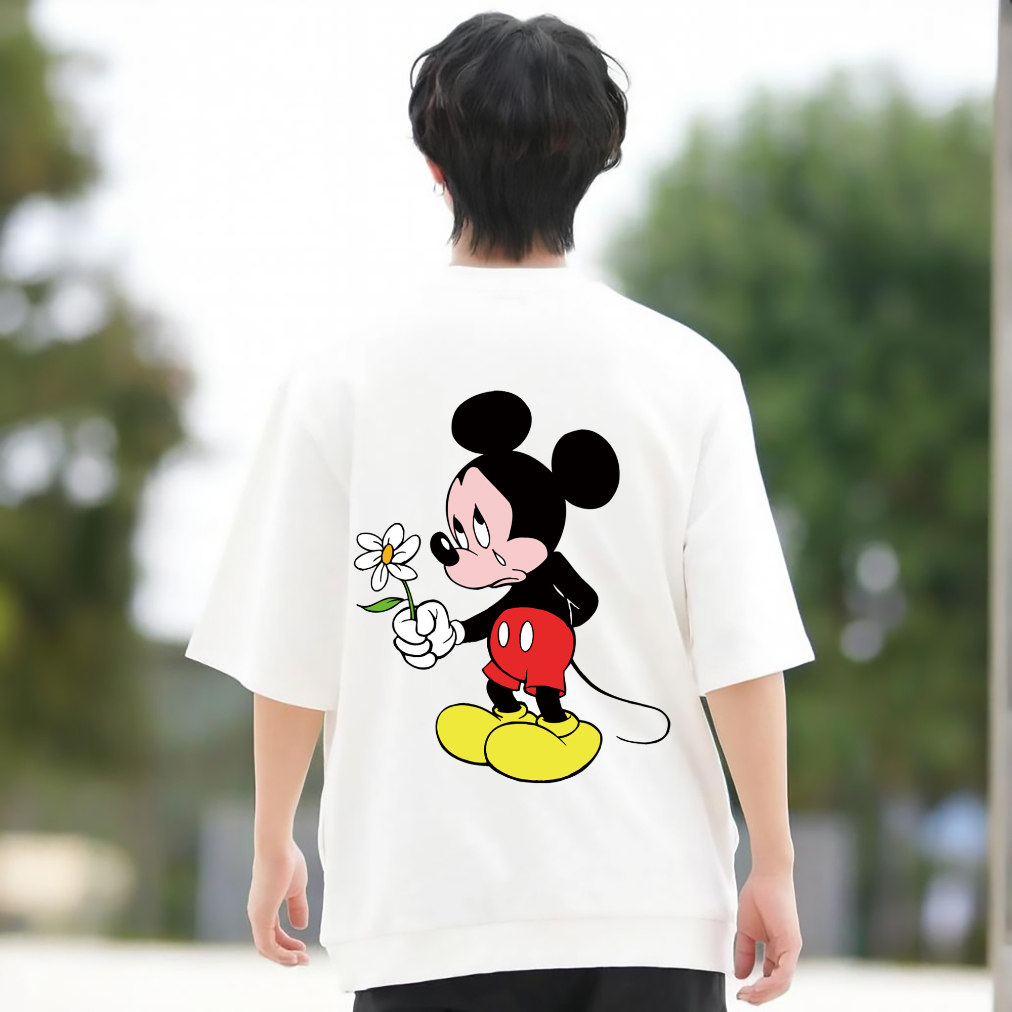 ミッキーマウス Mickey Mouse 綿100％ メンズ半袖Tシャツ（バックプリント） 通気性