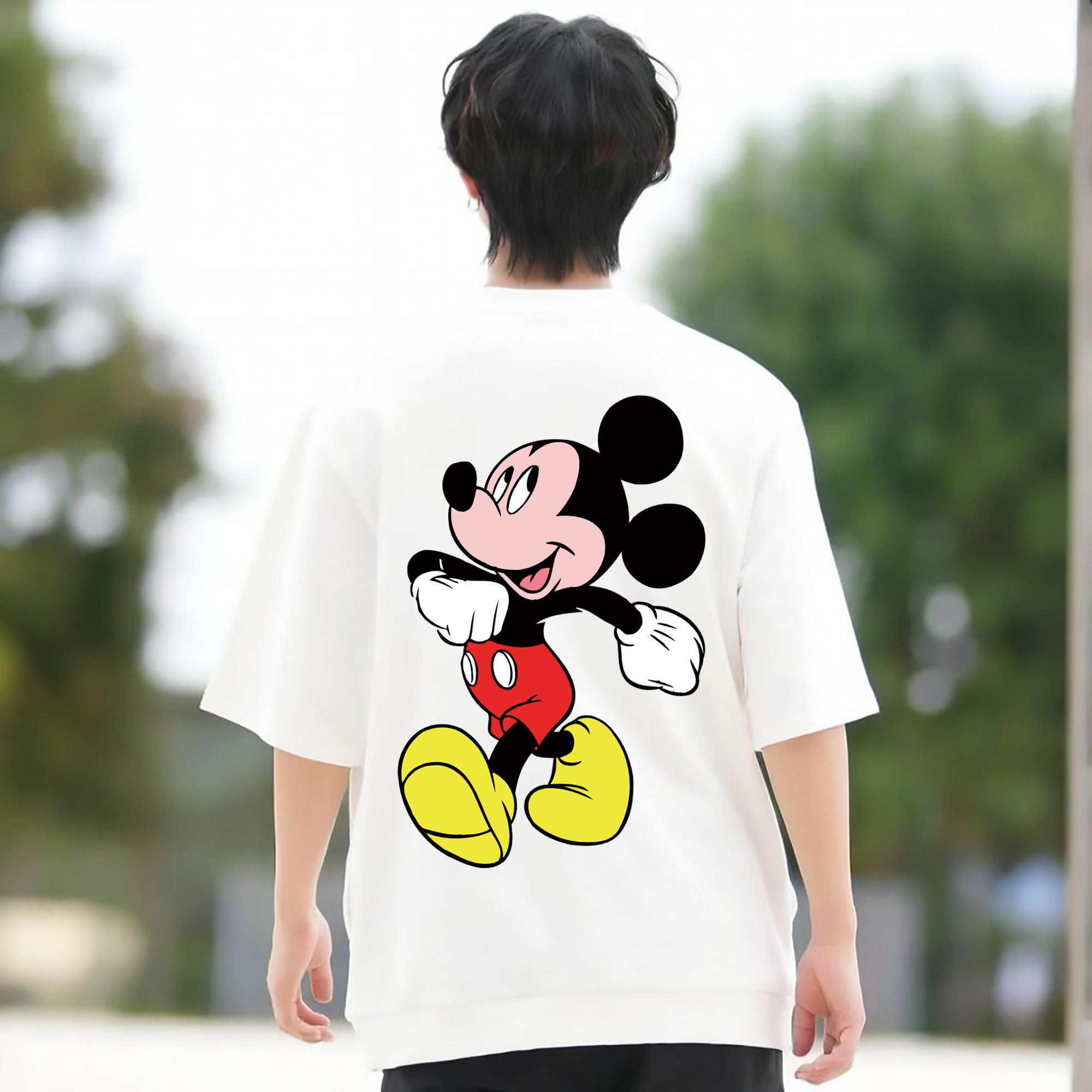 ミッキーマウス Mickey Mouse 綿100％ メンズ半袖Tシャツ（バックプリント） 通気性